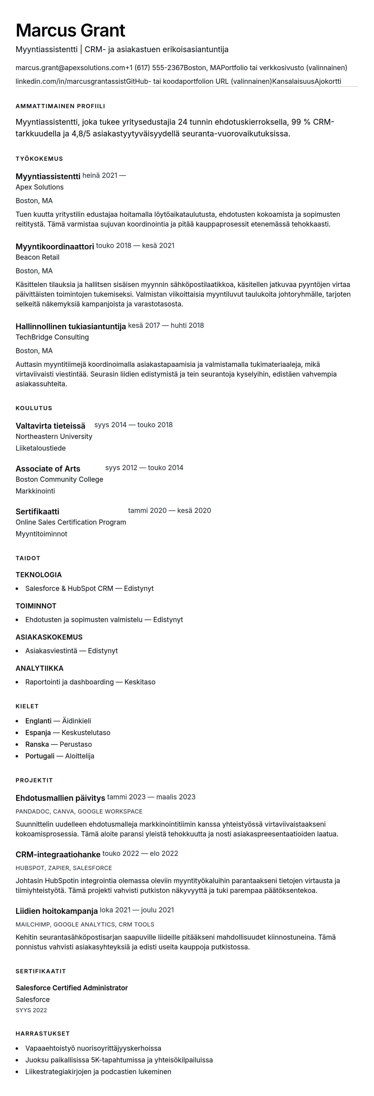 Ansioluetteloesikatselu kohteelle Myyntiassistentin ansioluetteloesimerkki