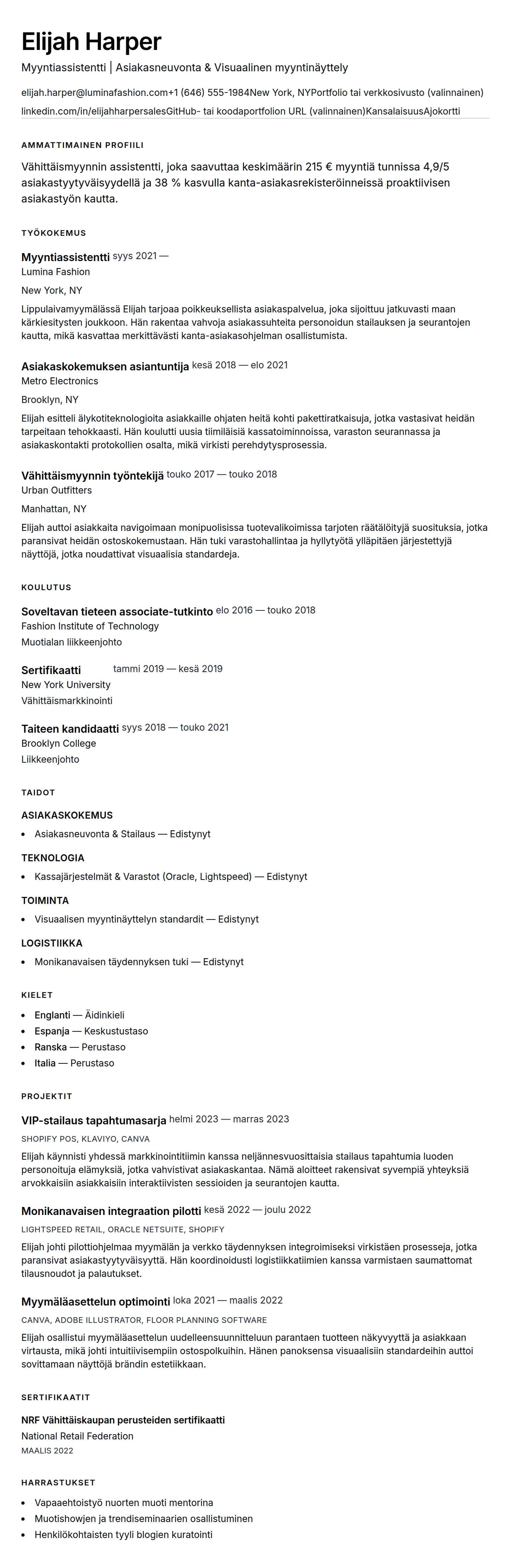 Ansioluetteloesikatselu kohteelle Myyntiassistentin CV-esimerkki