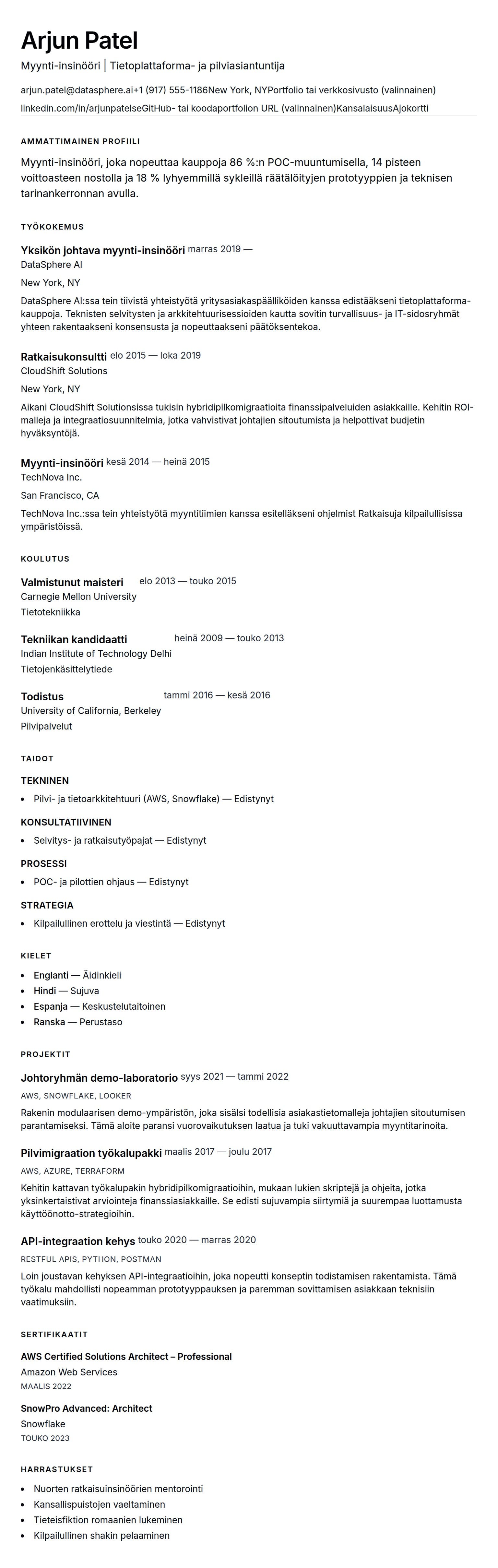 Ansioluetteloesikatselu kohteelle Myynti-insinöörin ansioluetteloesimerkki