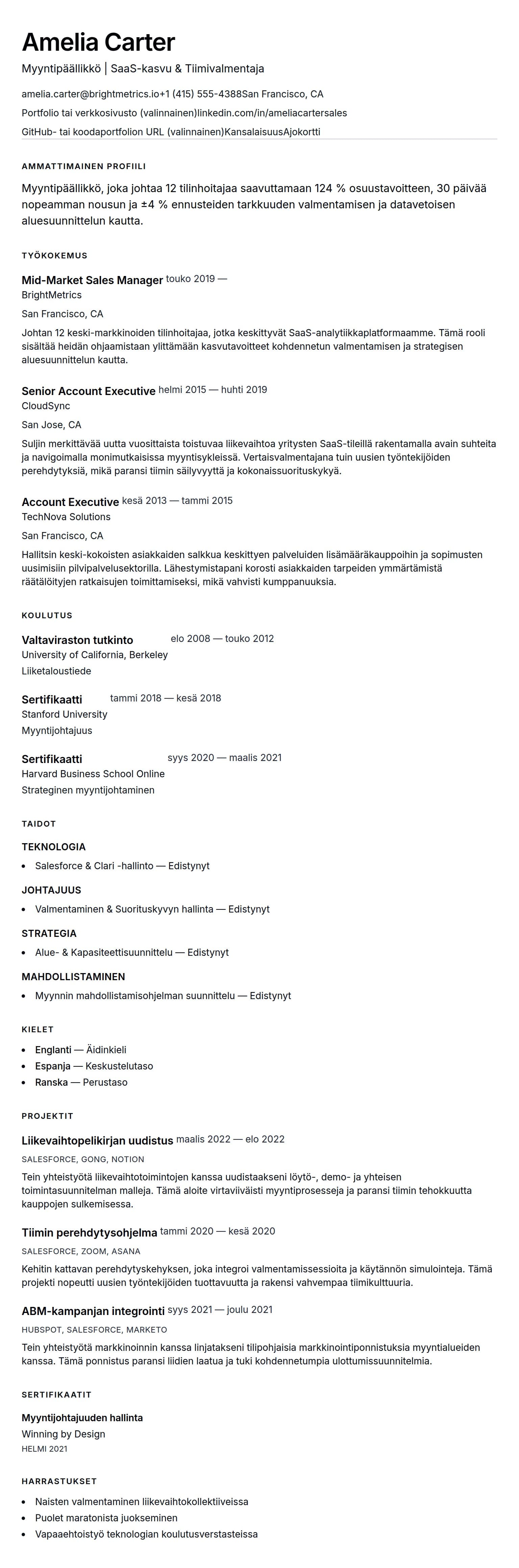 Ansioluetteloesikatselu kohteelle Myyntipäällikön ansioluettelon esimerkki