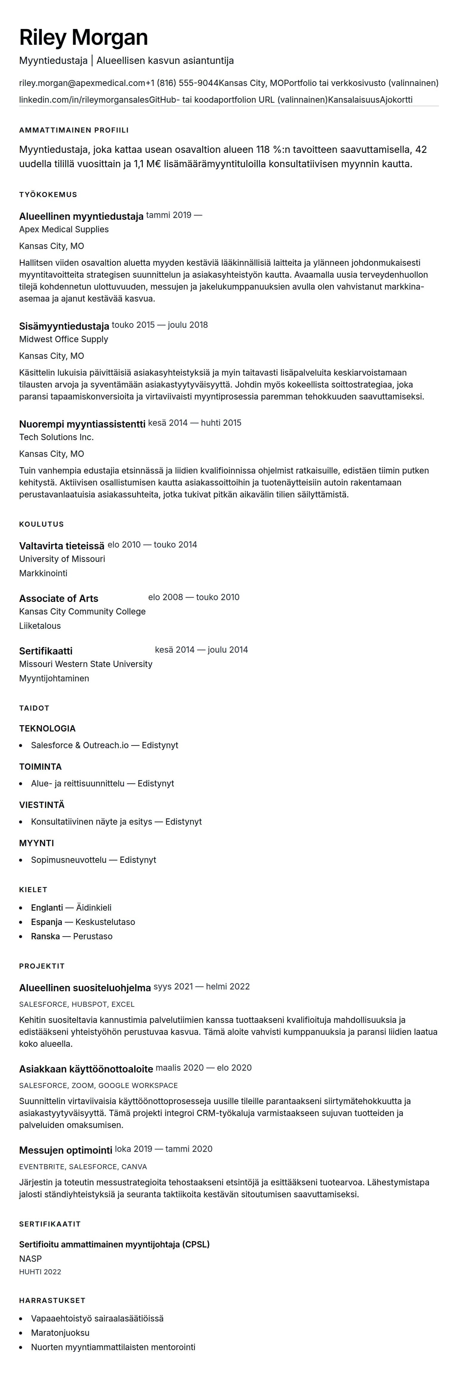Ansioluetteloesikatselu kohteelle Myyntiedustajan ansioluetteloesimerkki