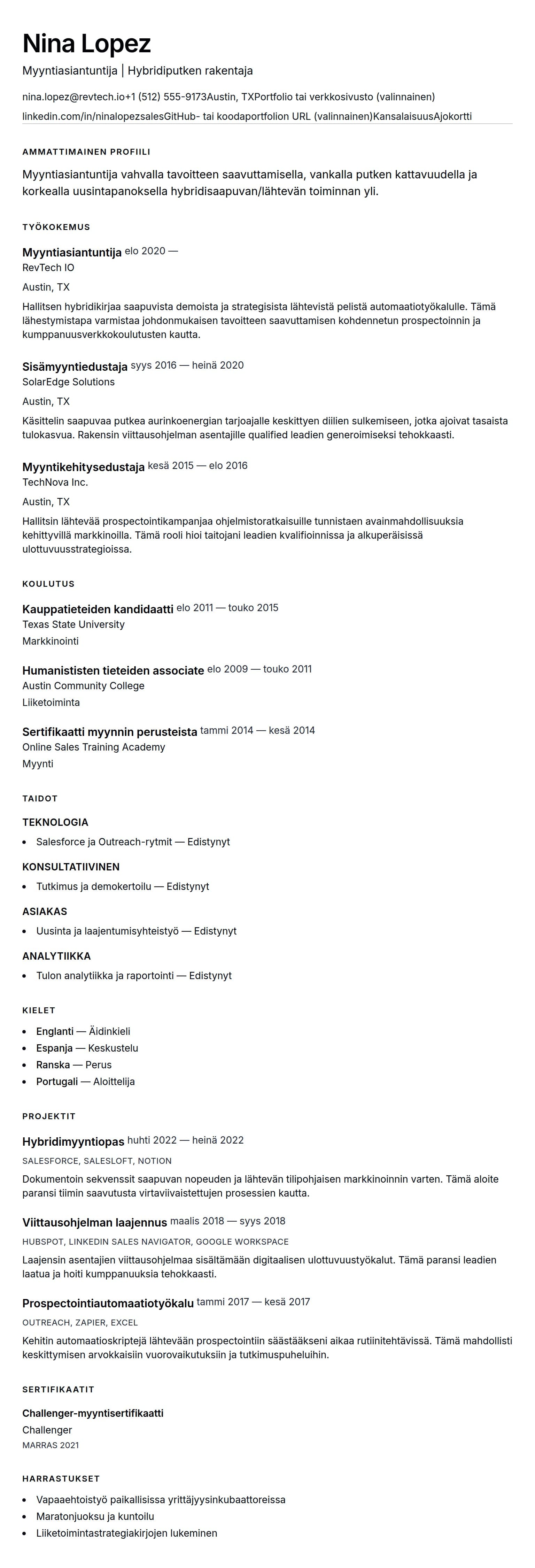 Ansioluetteloesikatselu kohteelle Myyntiasiantuntijan ansioluetteloesimerkki