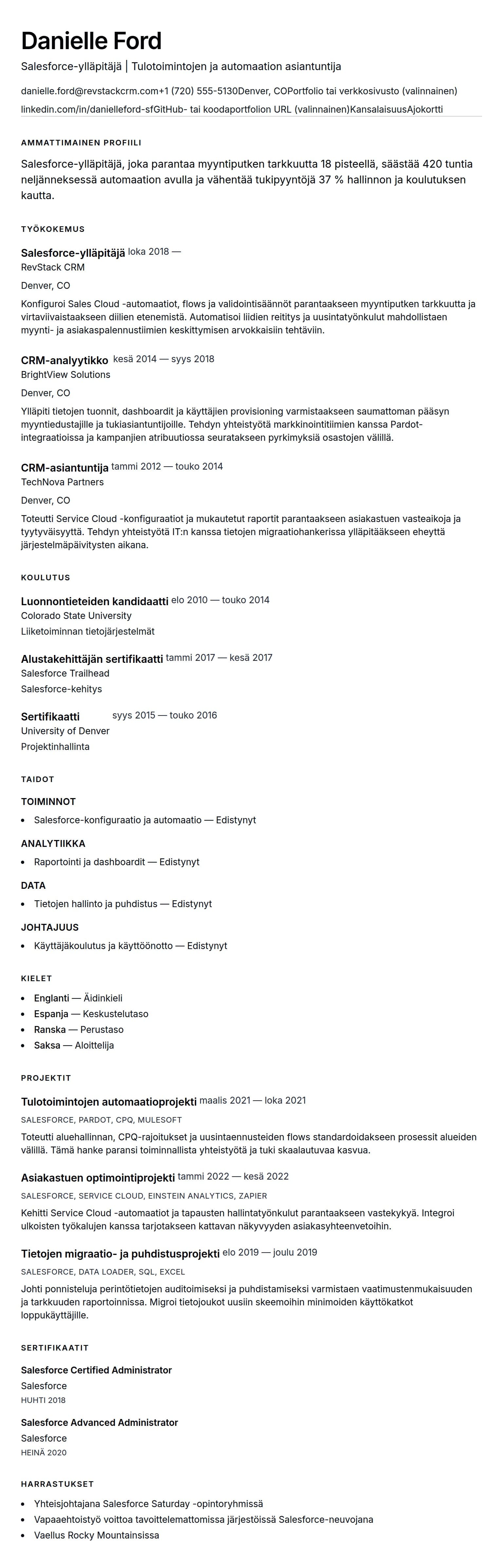 Ansioluetteloesikatselu kohteelle Salesforce-ylläpitäjä ansioluetteloesimerkki