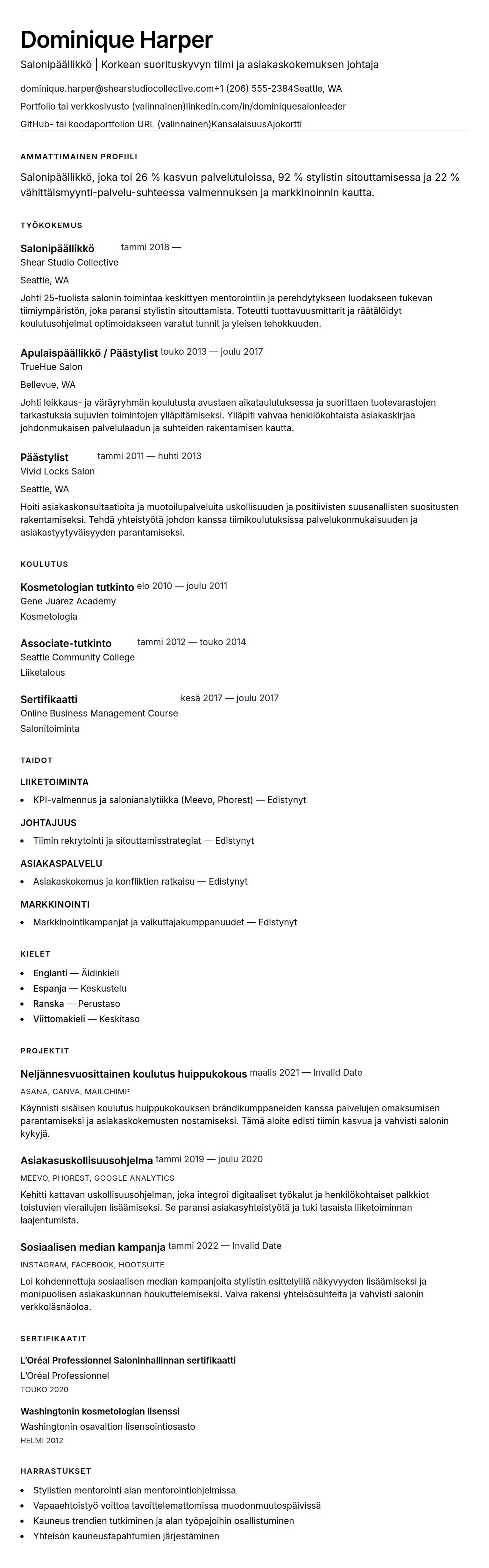 Ansioluetteloesikatselu kohteelle Salonipäällikön CV-esimerkki