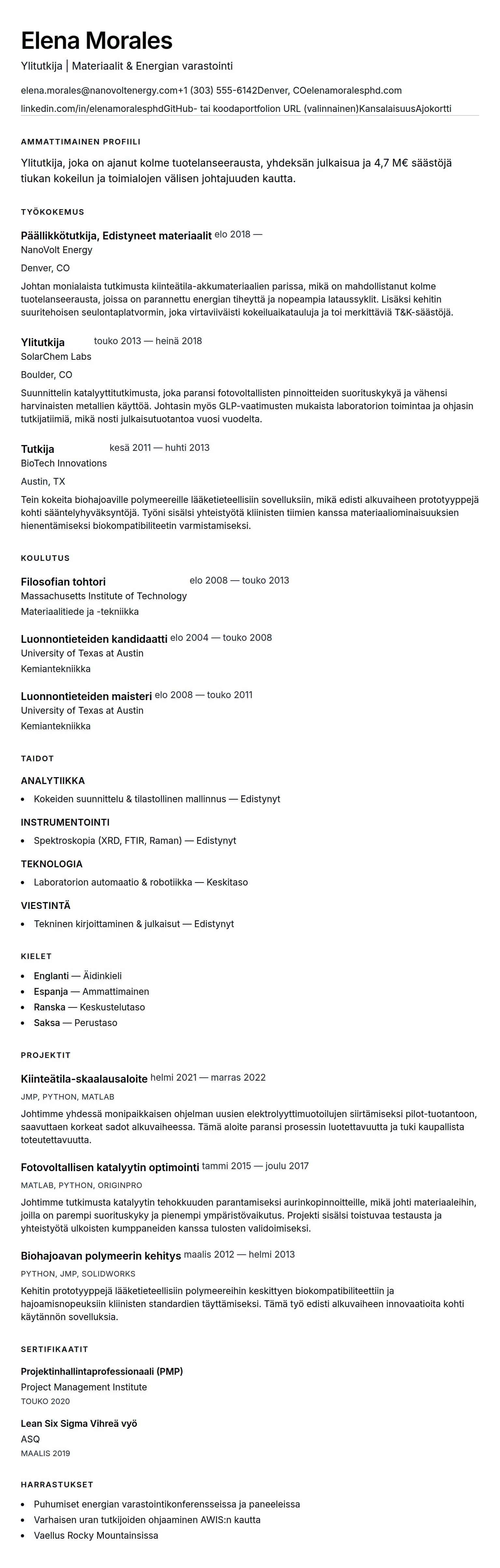 Ansioluetteloesikatselu kohteelle Tutkijan ansioluetteloesimerkki