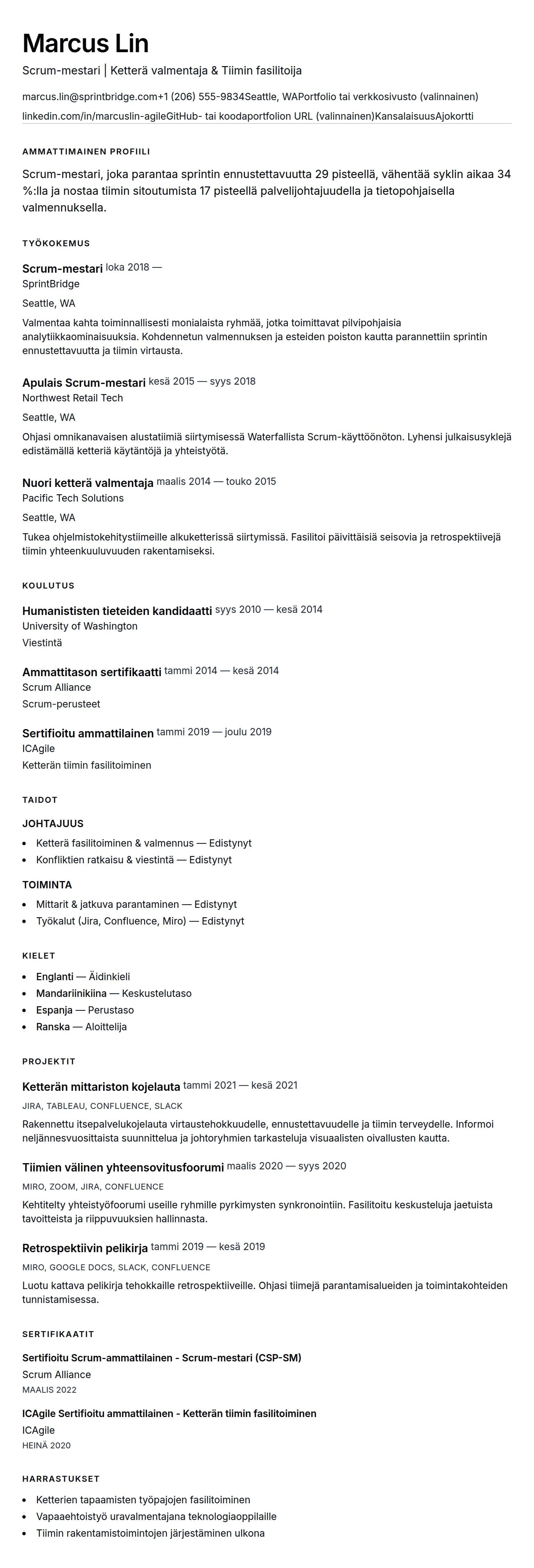 Ansioluetteloesikatselu kohteelle Scrum-mestarin ansioluettelon esimerkki