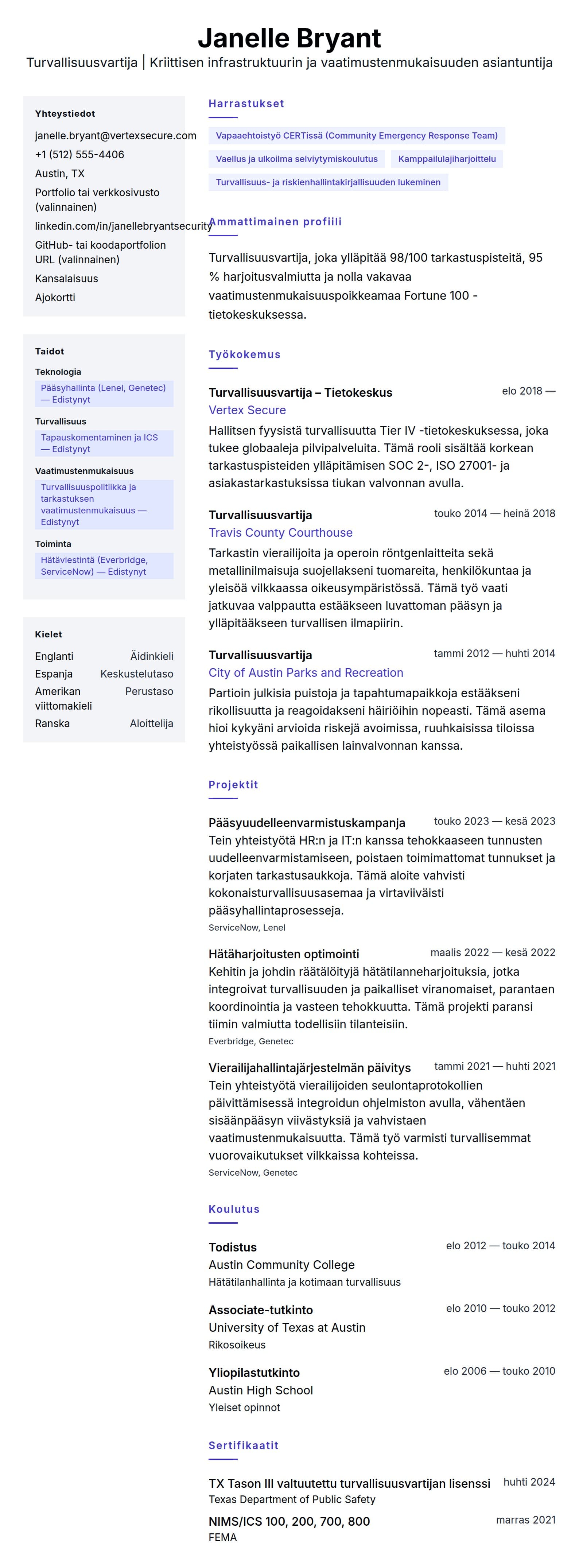 Ansioluetteloesikatselu kohteelle Turvallisuusvartijan CV-esimerkki