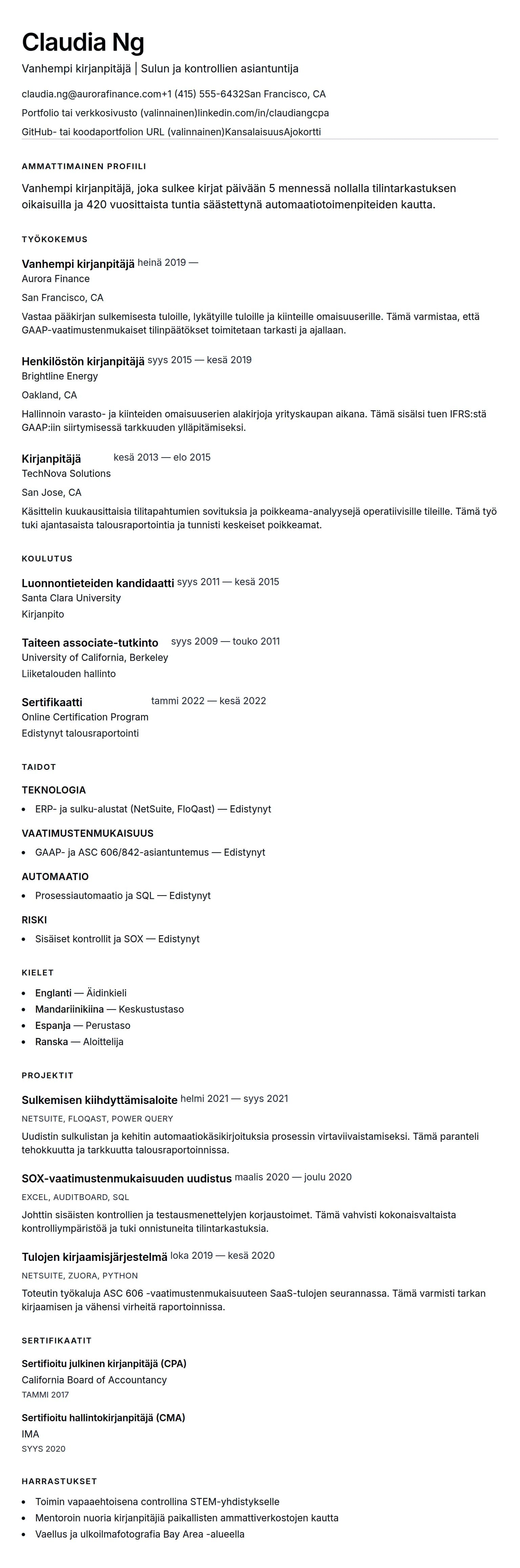 Ansioluetteloesikatselu kohteelle Vanhempi kirjanpitäjä CV-esimerkki