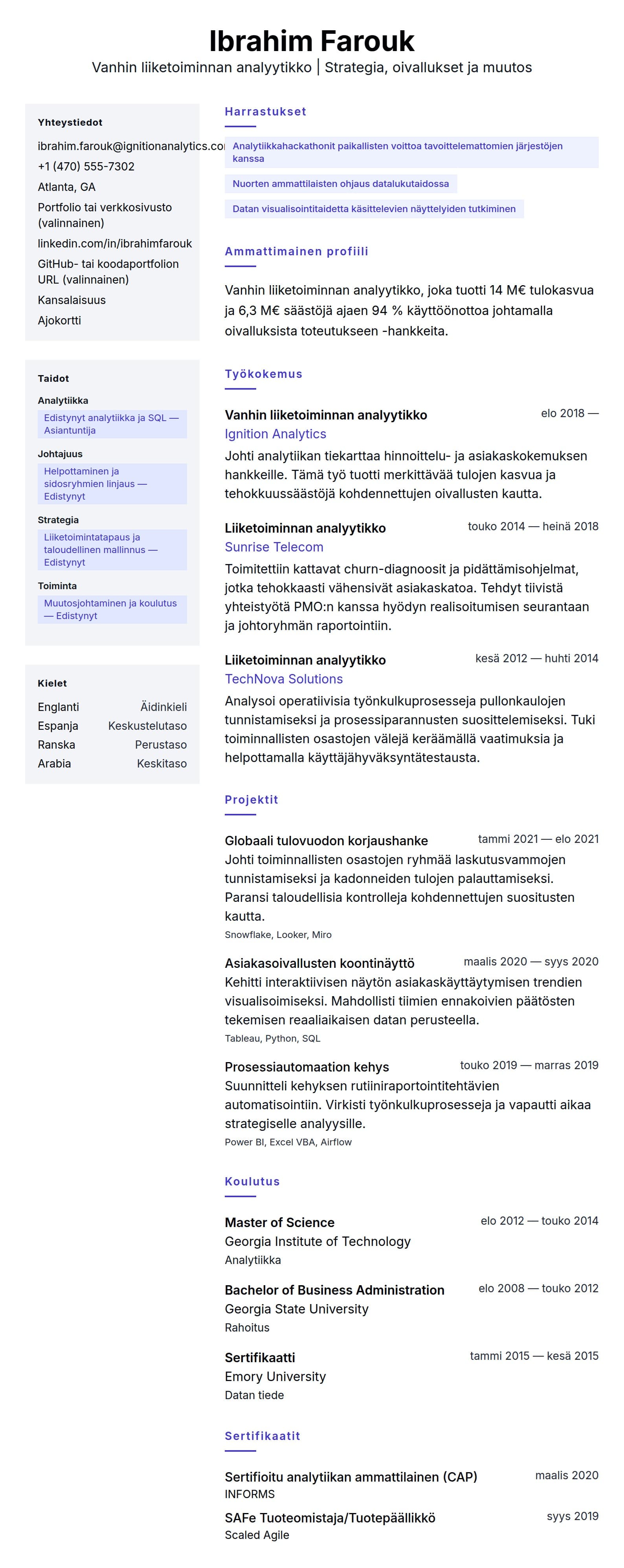 Ansioluetteloesikatselu kohteelle Vanhin liiketoiminnan analyytikon CV-esimerkki