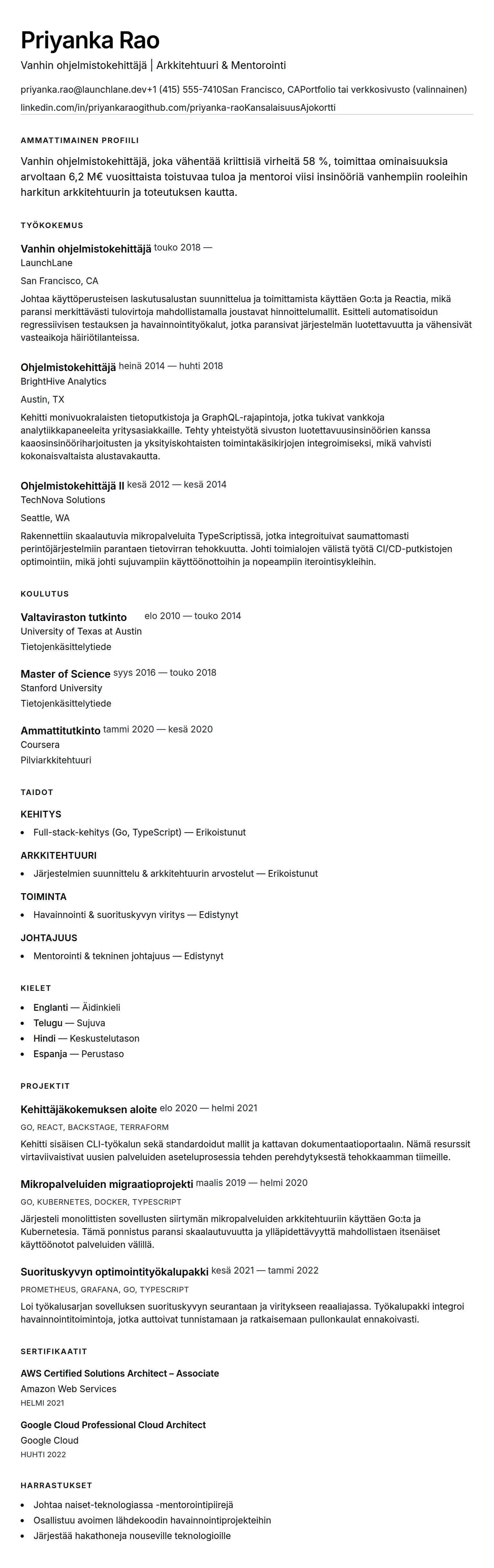 Ansioluetteloesikatselu kohteelle Vanhin ohjelmistokehittäjä CV-esimerkki