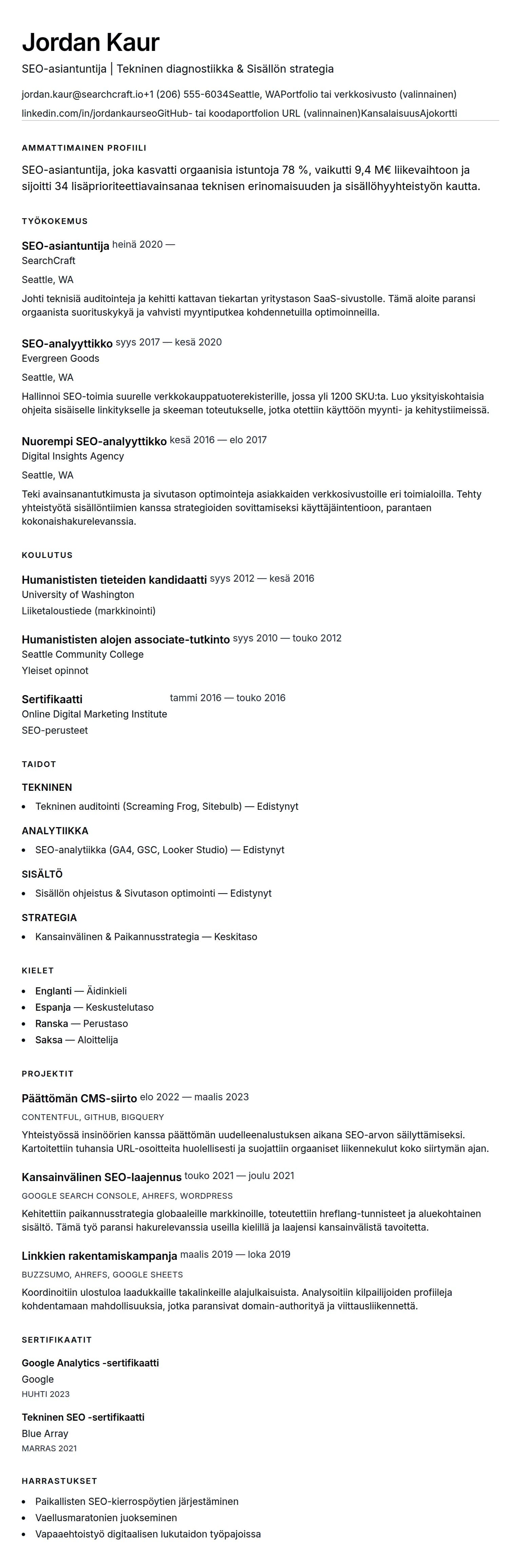 Ansioluetteloesikatselu kohteelle SEO-asiantuntijan ansioluetteloesimerkki