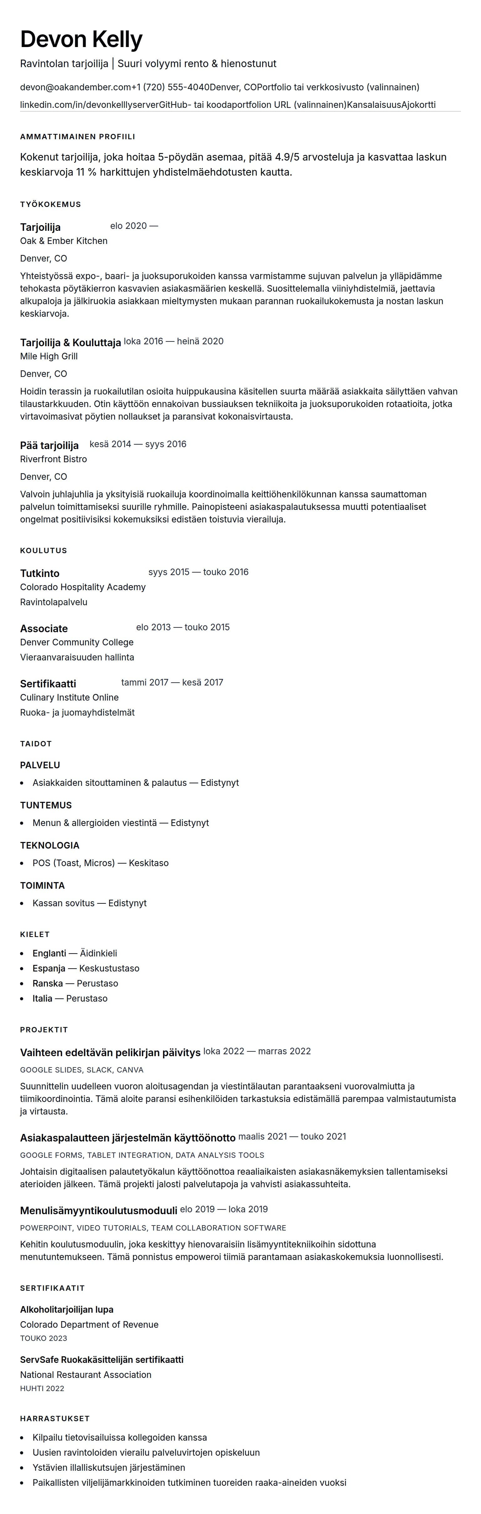 Ansioluetteloesikatselu kohteelle Tarjoilijan ansioluetteloesimerkki