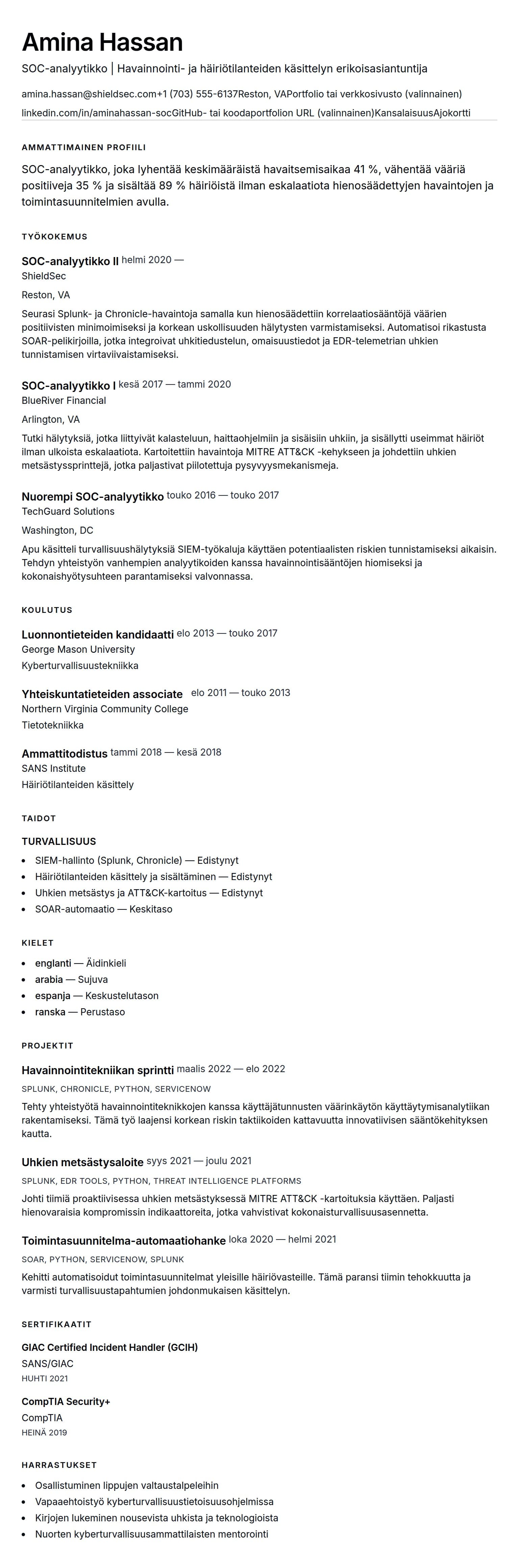 Ansioluetteloesikatselu kohteelle SOC-analyytikon ansioluetteloesimerkki