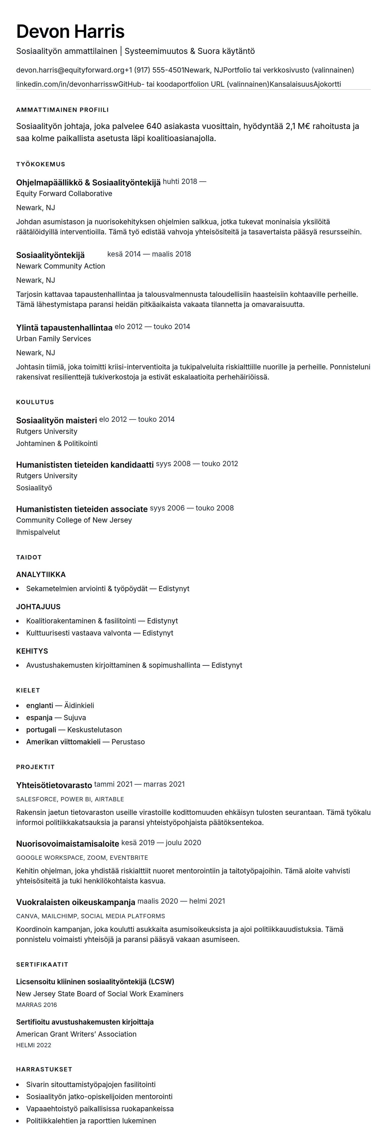 Ansioluetteloesikatselu kohteelle Sosiaalityön ammattilaisen ansioluettelo-esimerkki