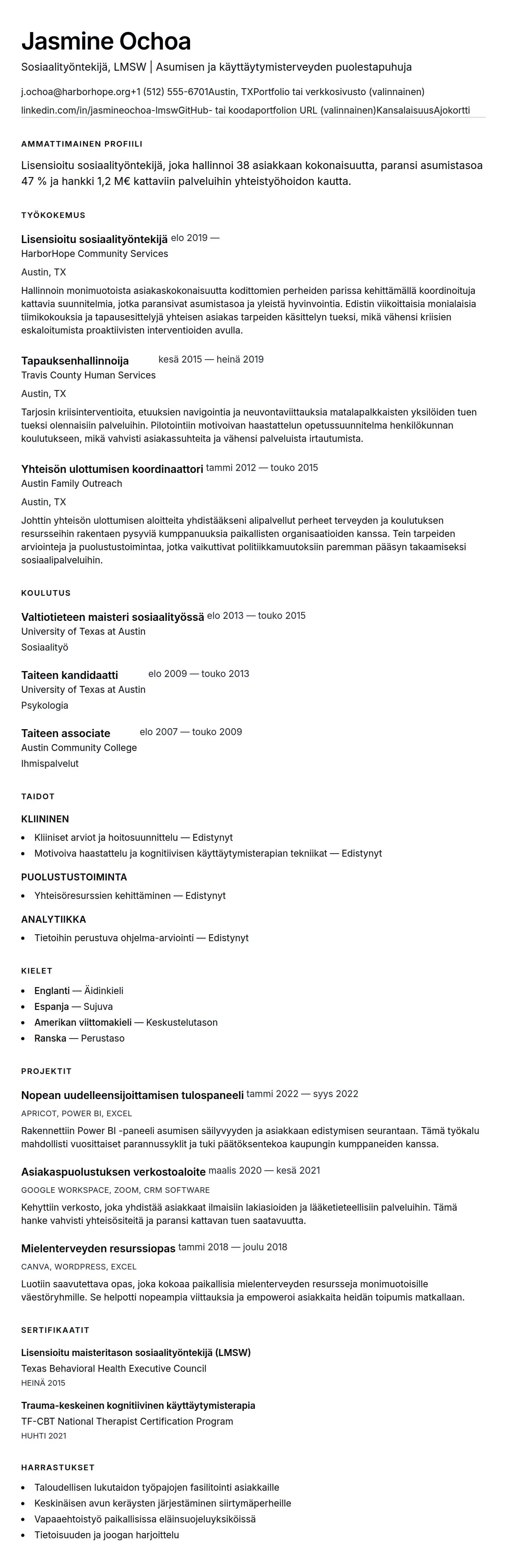 Ansioluetteloesikatselu kohteelle Sosiaalityöntekijän ansioluettelon esimerkki