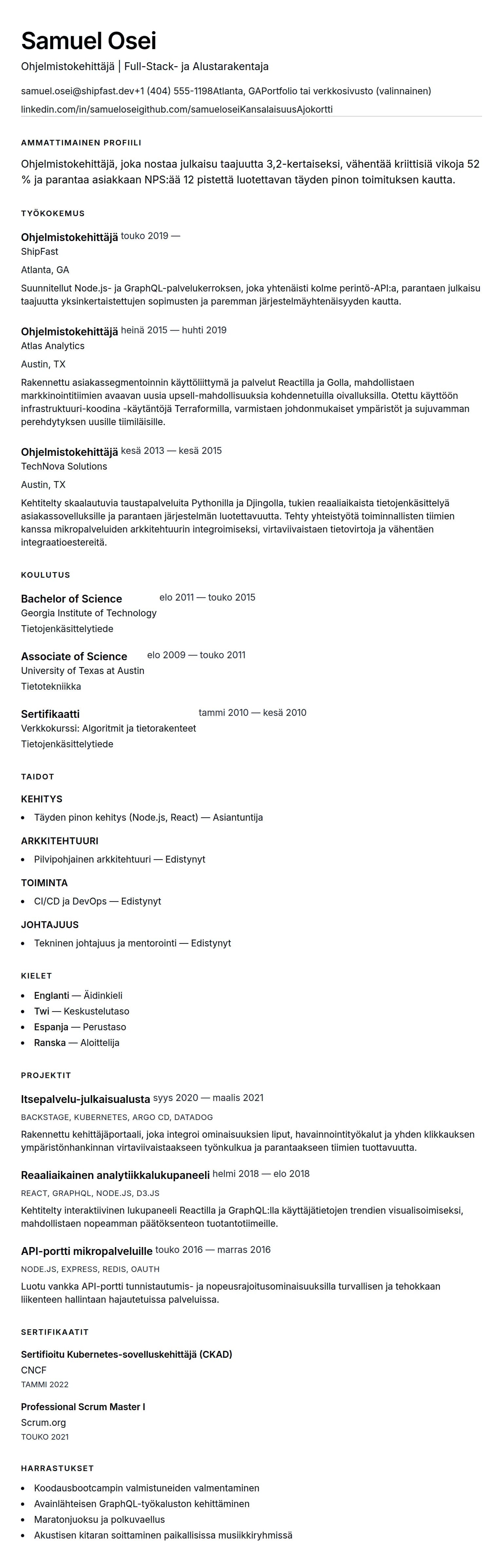Ansioluetteloesikatselu kohteelle Ohjelmistokehittäjän CV-esimerkki