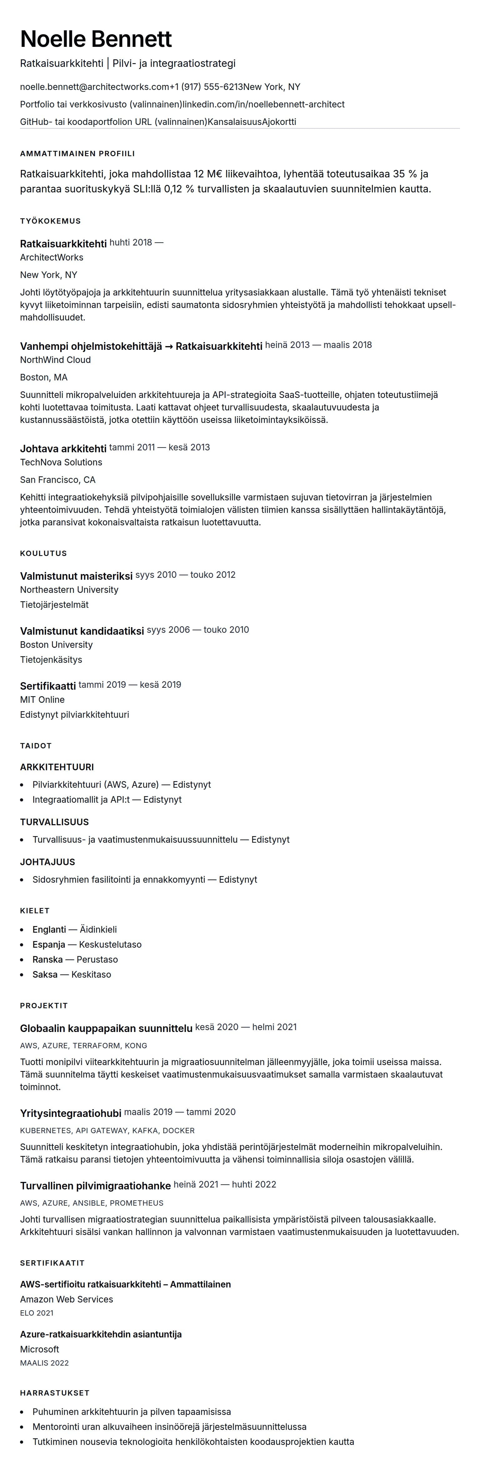 Ansioluetteloesikatselu kohteelle Ratkaisuarkkitehdin ansioluettelo-esimerkki