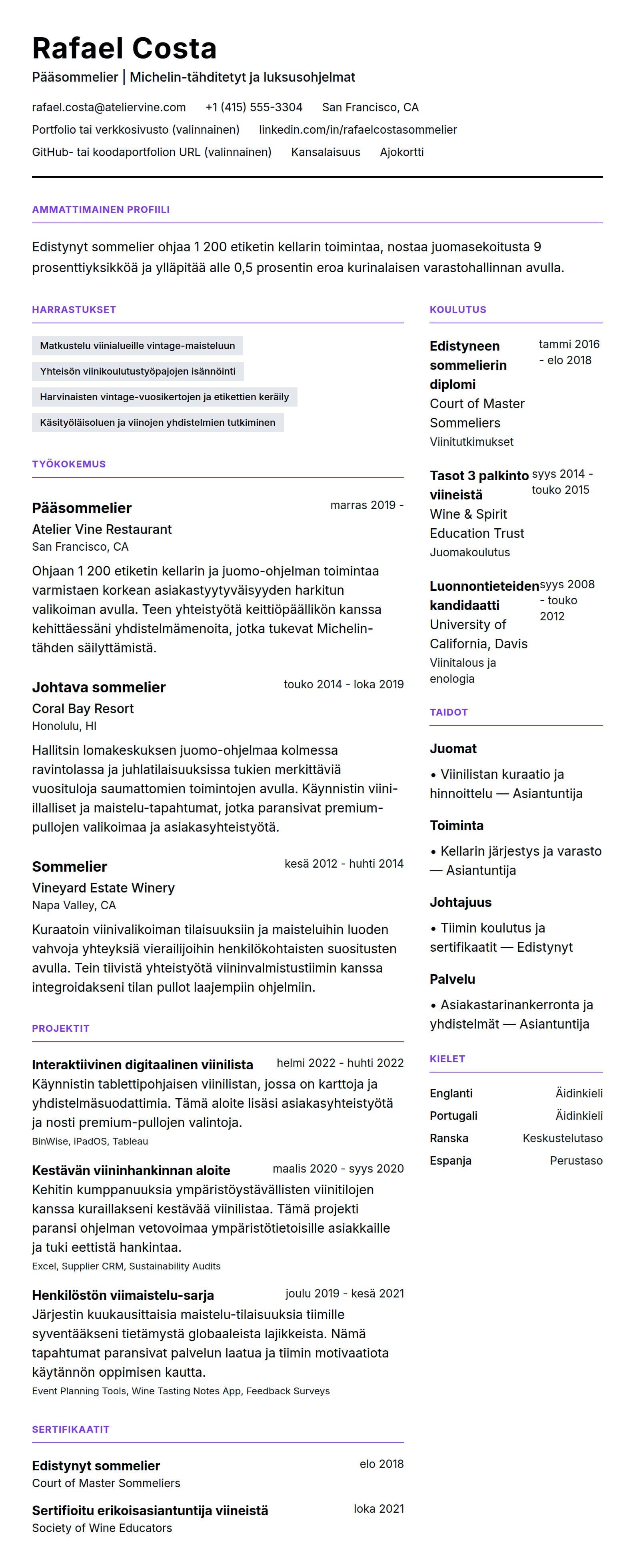 Ansioluetteloesikatselu kohteelle Sommelier ansioluetteloesimerkki