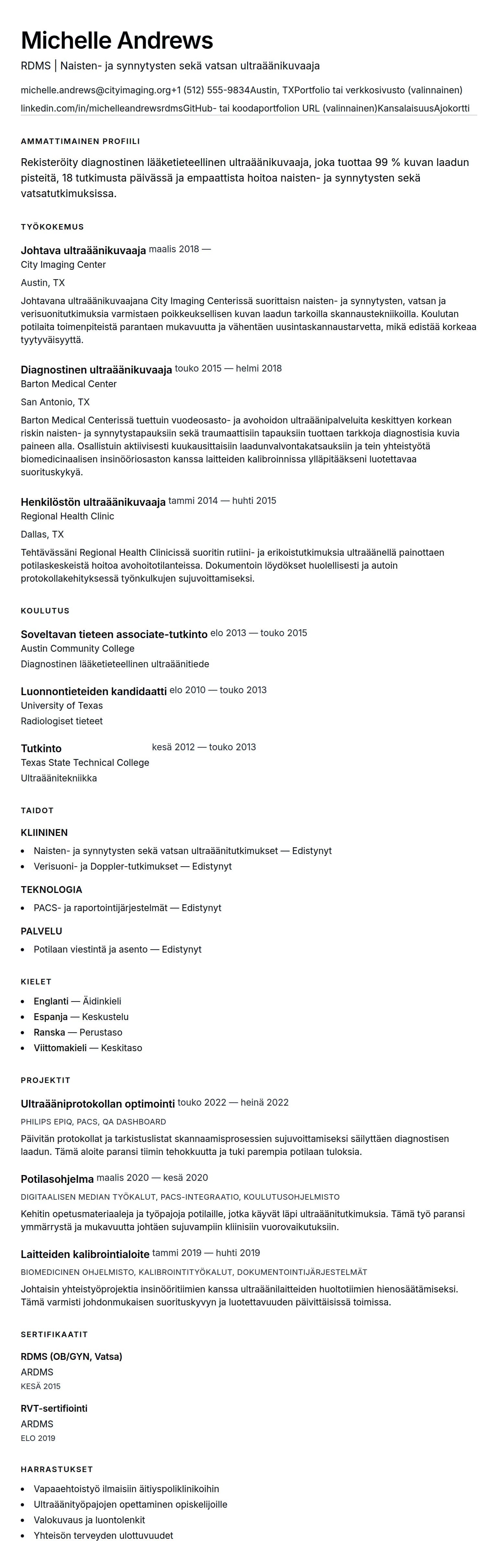 Ansioluetteloesikatselu kohteelle Ultraäänikuvaajan ansioluetteloesimerkki