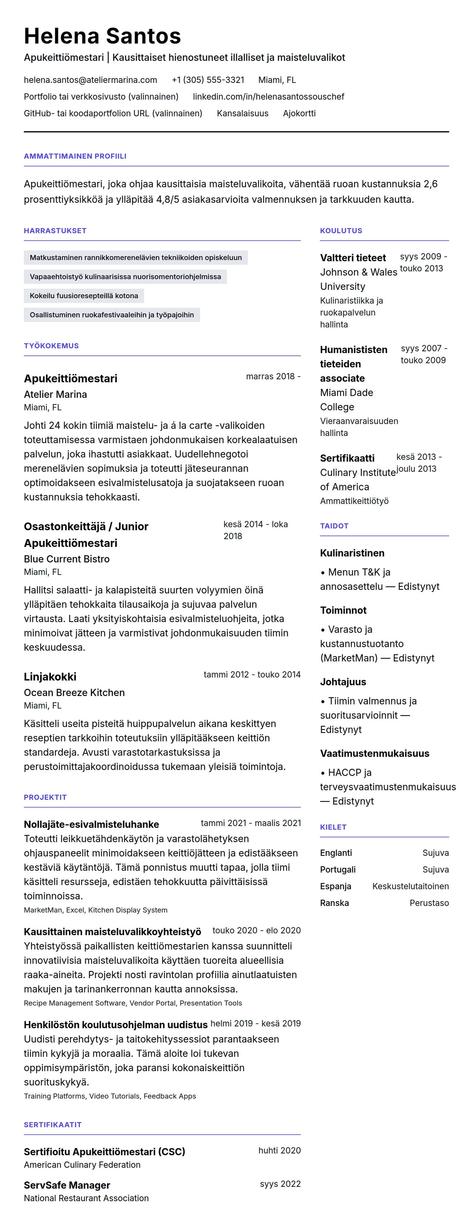 Ansioluetteloesikatselu kohteelle Apukeittiömestarin ansioluetteloesimerkki