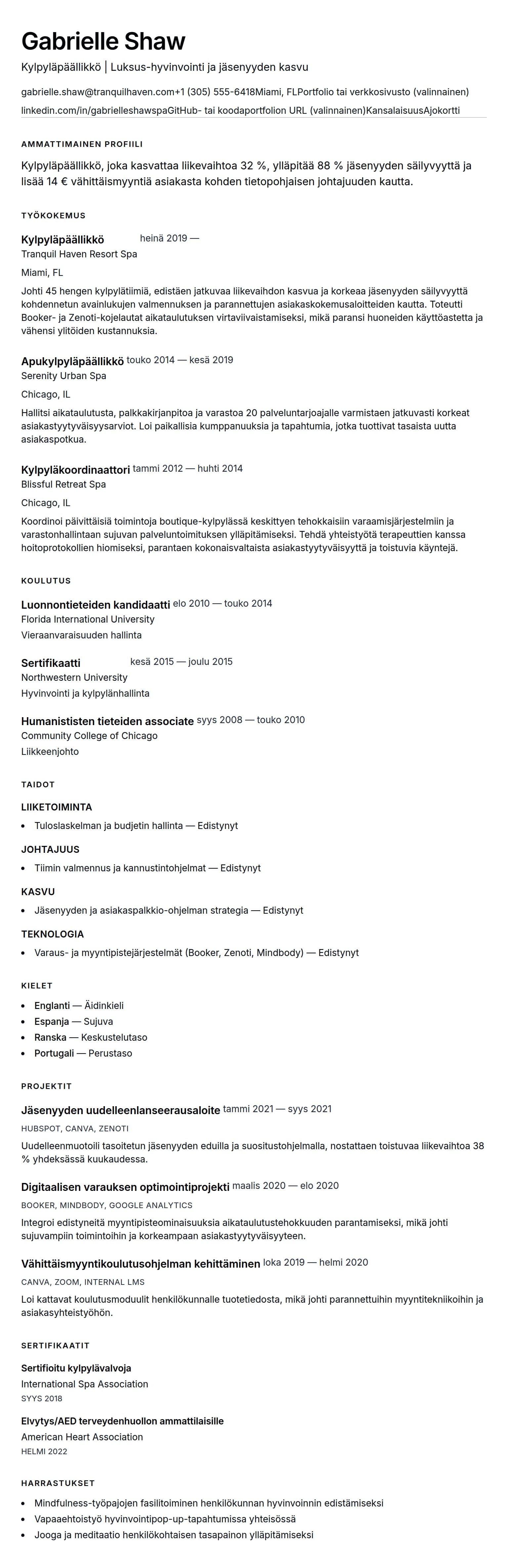Ansioluetteloesikatselu kohteelle Kylpyläpäällikön ansioluetteloesimerkki
