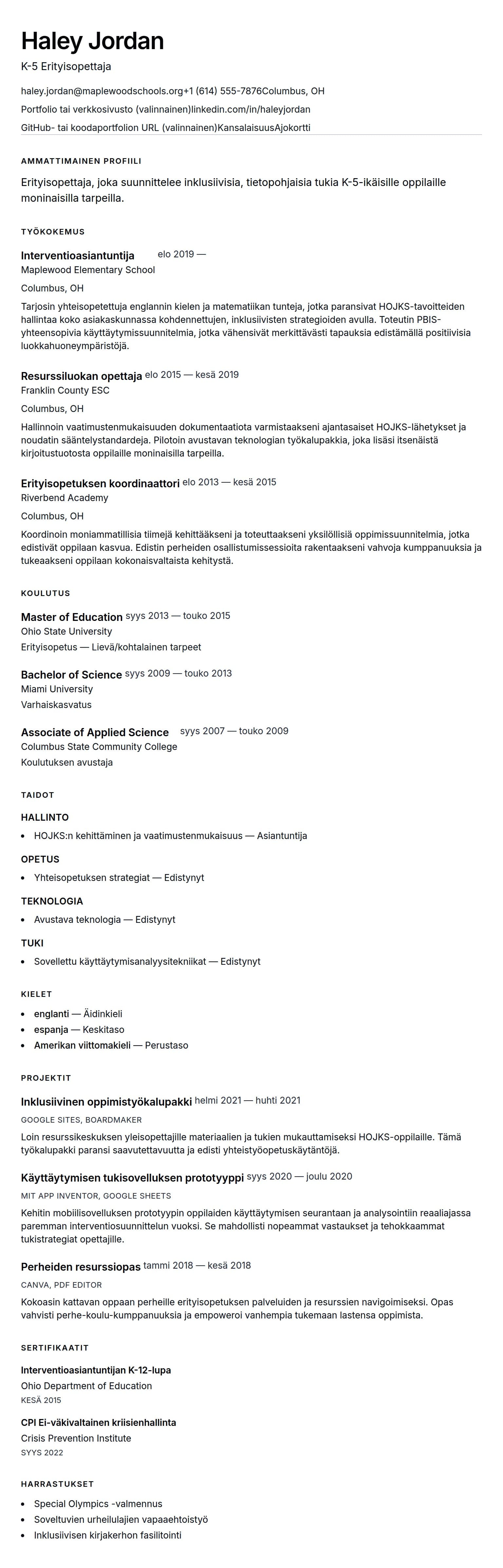 Ansioluetteloesikatselu kohteelle Erityisopettajan ansioluetteloesimerkki