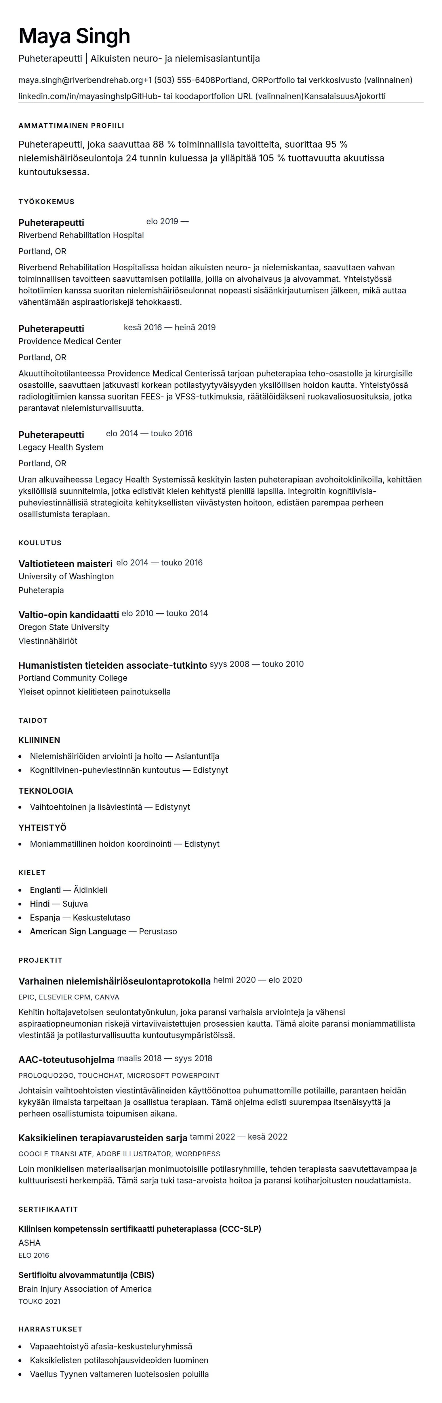 Ansioluetteloesikatselu kohteelle Puheterapeutin (SLP) ansioluettelon esimerkki