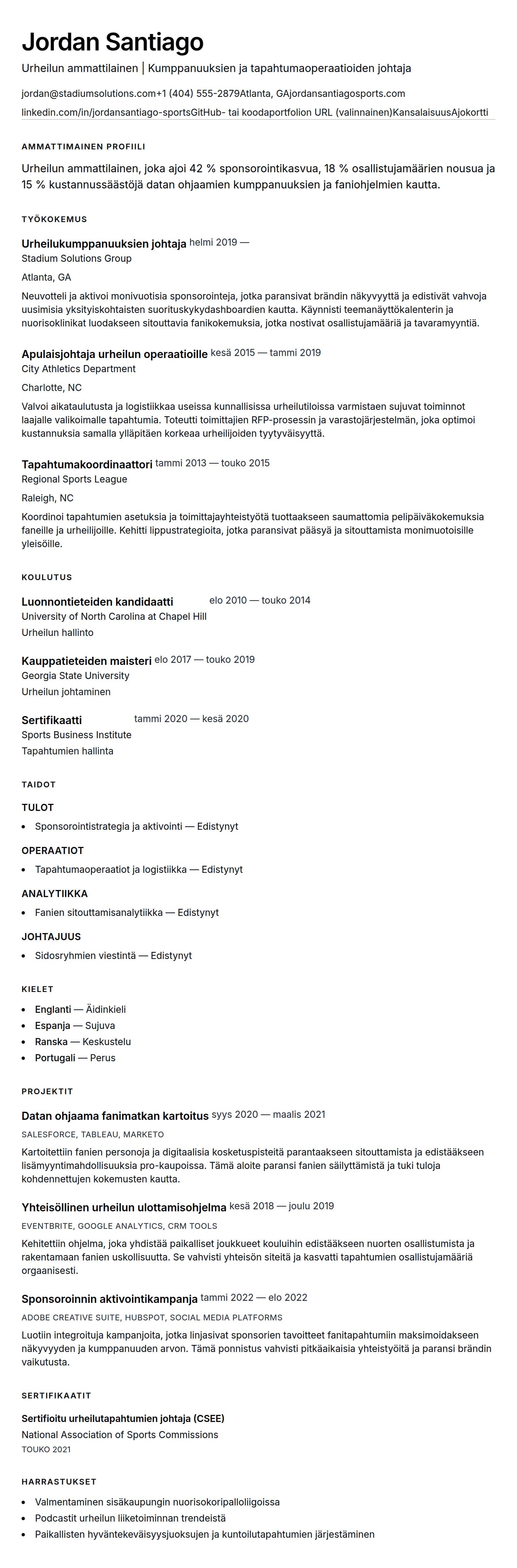Ansioluetteloesikatselu kohteelle Urheilun ammattilaisen ansioluetteloesimerkki