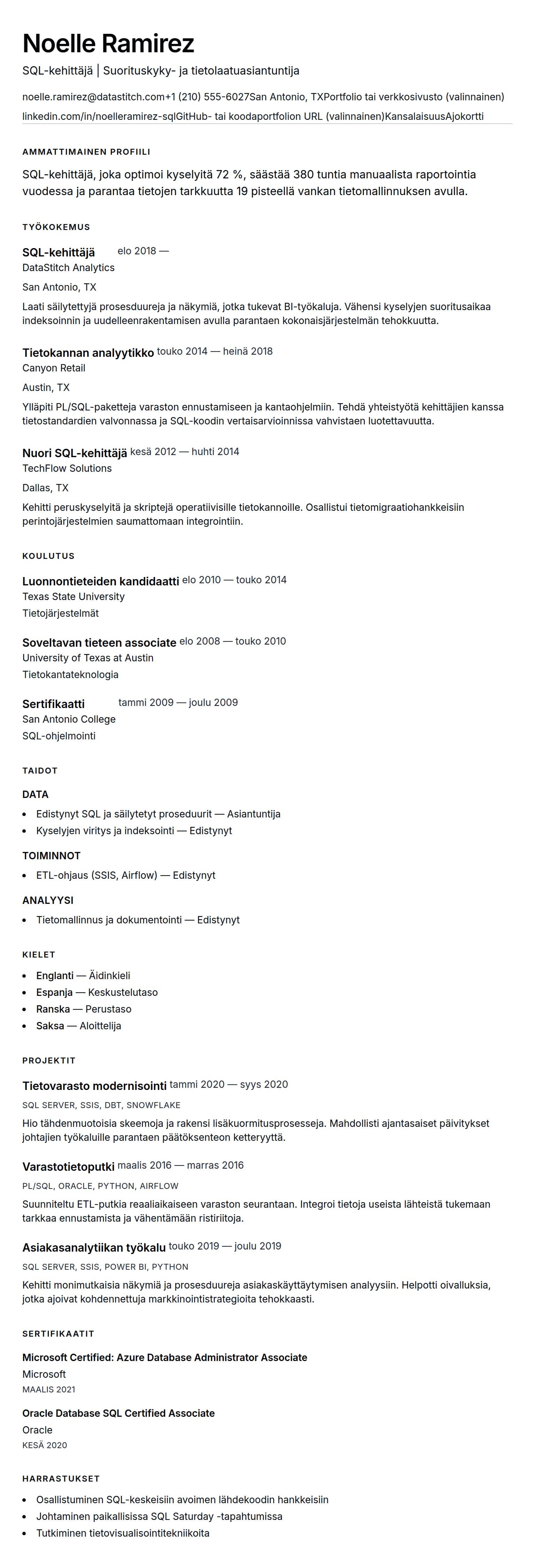 Ansioluetteloesikatselu kohteelle SQL-kehittäjän ansioluetteloesimerkki