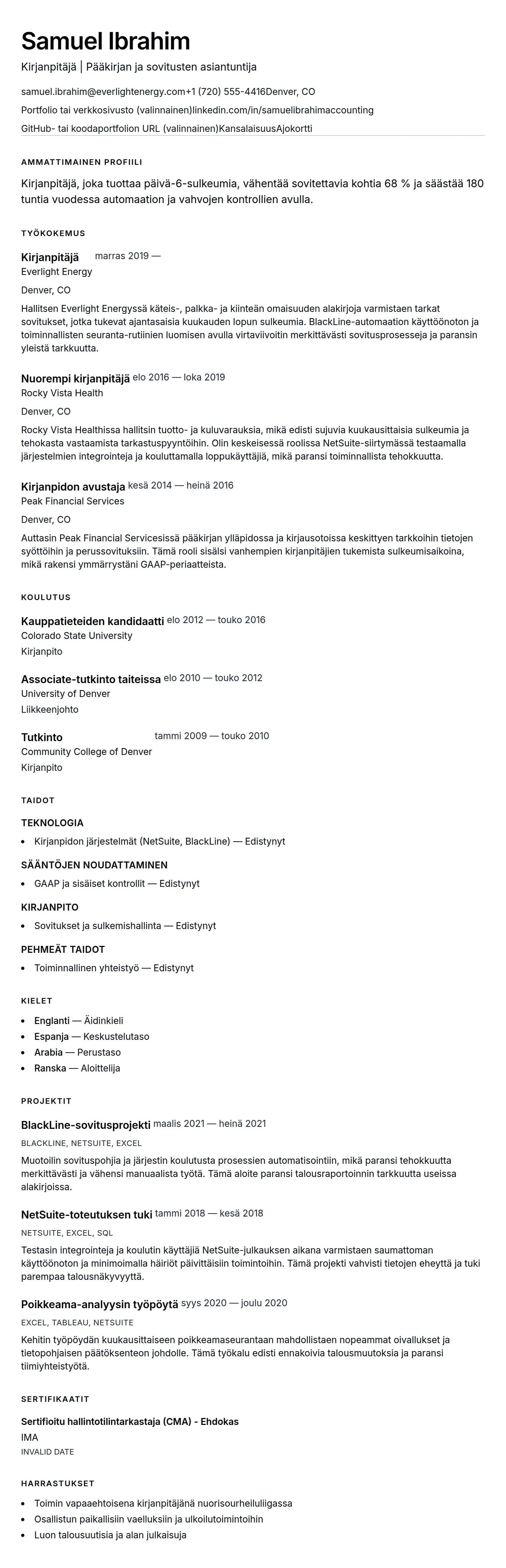 Ansioluetteloesikatselu kohteelle Kirjanpitäjän ansioluetteloesimerkki