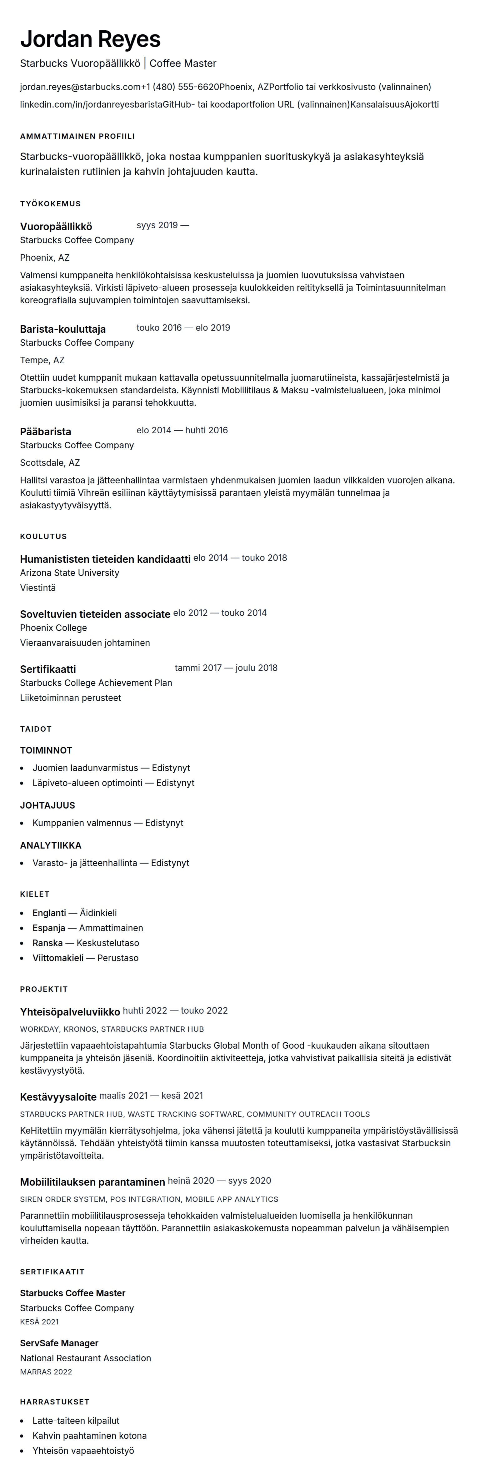 Ansioluetteloesikatselu kohteelle Starbucks Vuoropäällikkö CV-esimerkki