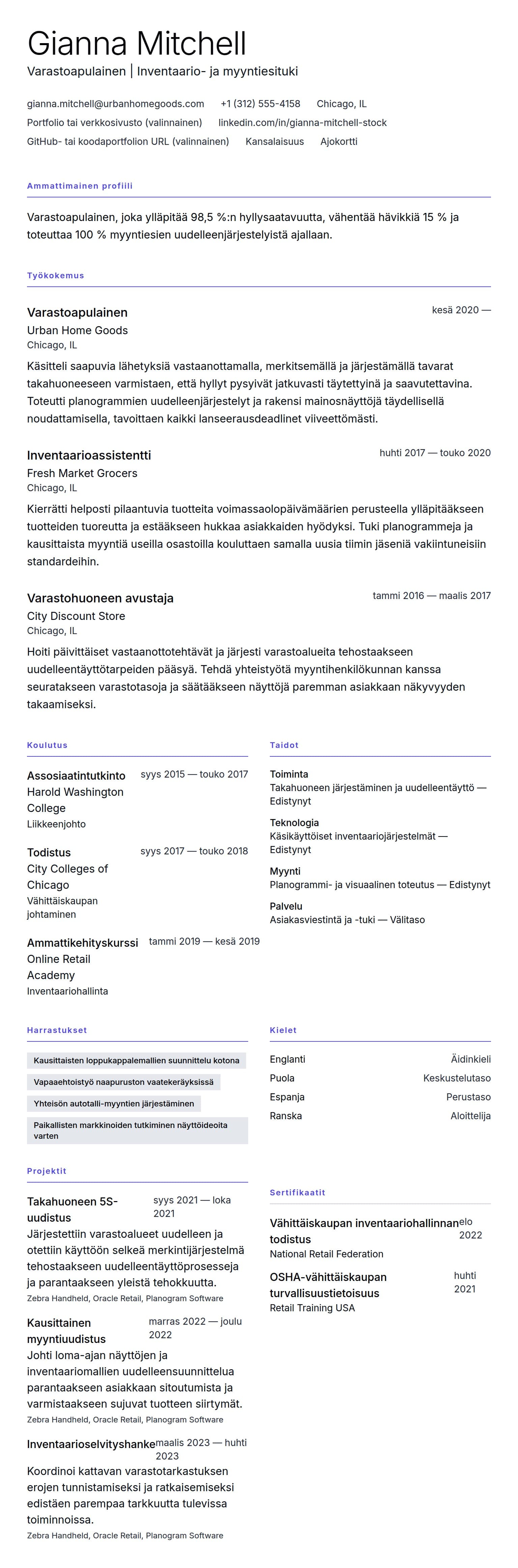 Ansioluetteloesikatselu kohteelle Varastoapulaisen CV-esimerkki