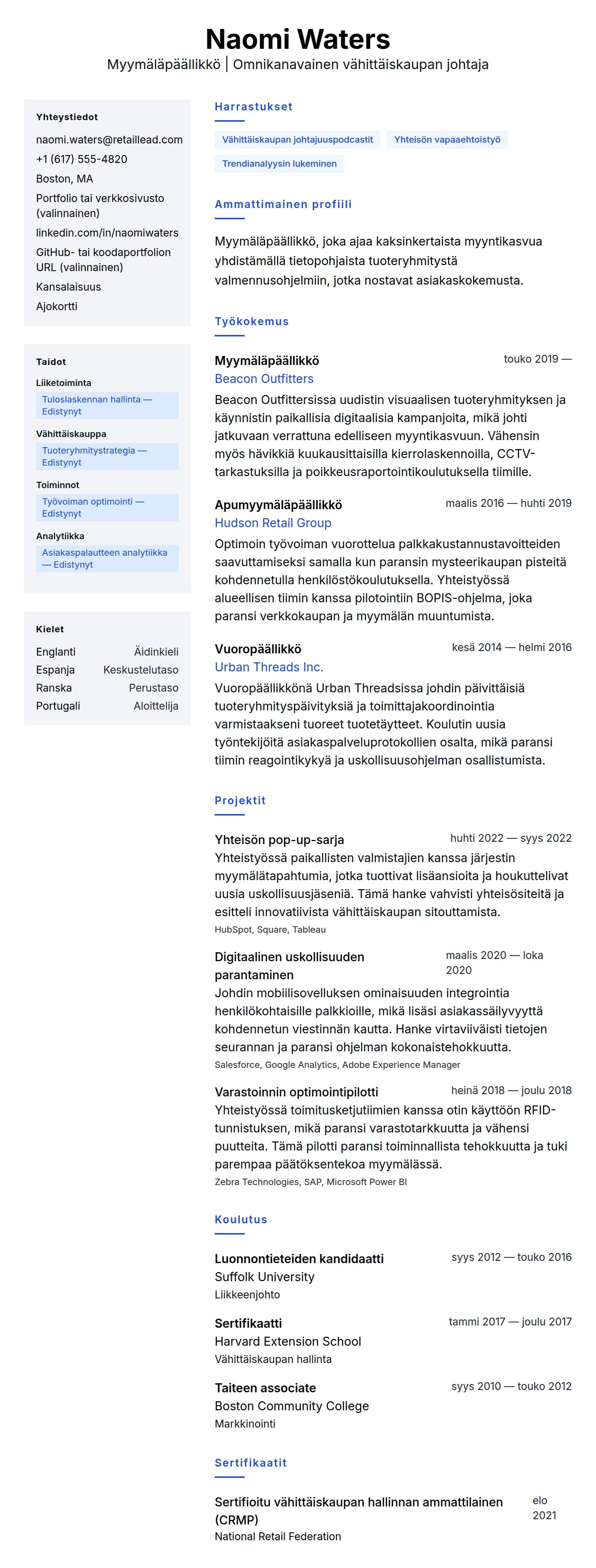 Ansioluetteloesikatselu kohteelle Myymäläpäällikön CV-esimerkki
