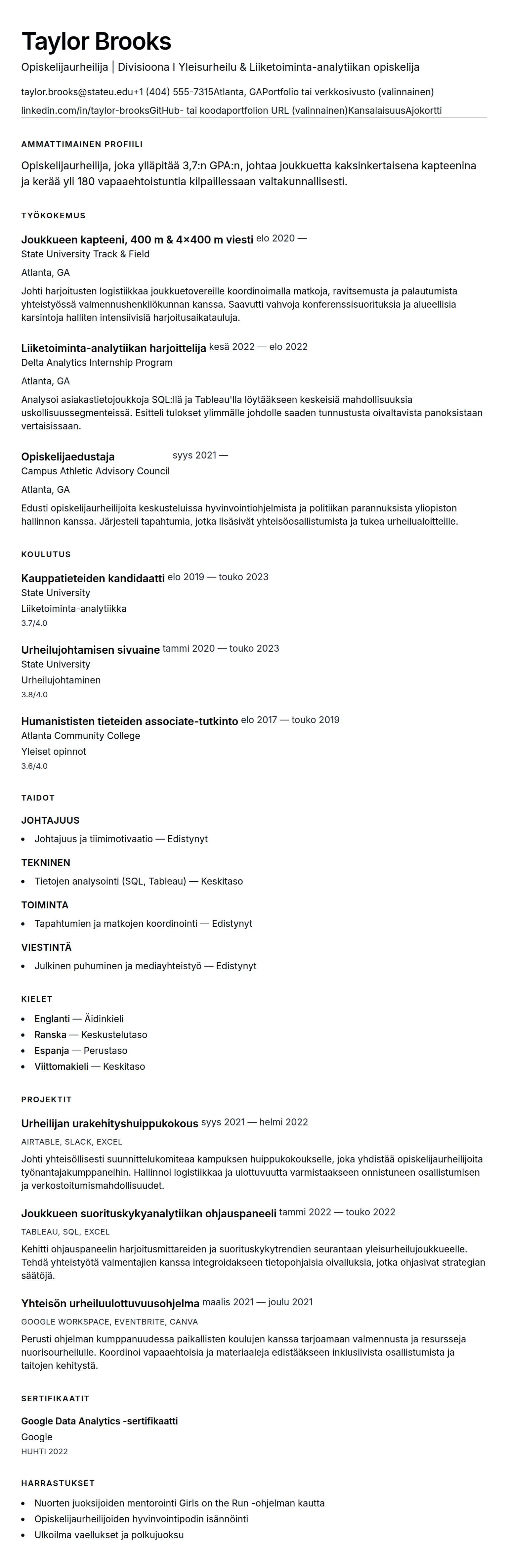 Ansioluetteloesikatselu kohteelle Opiskelijaurheilijan ansioluetteloesimerkki