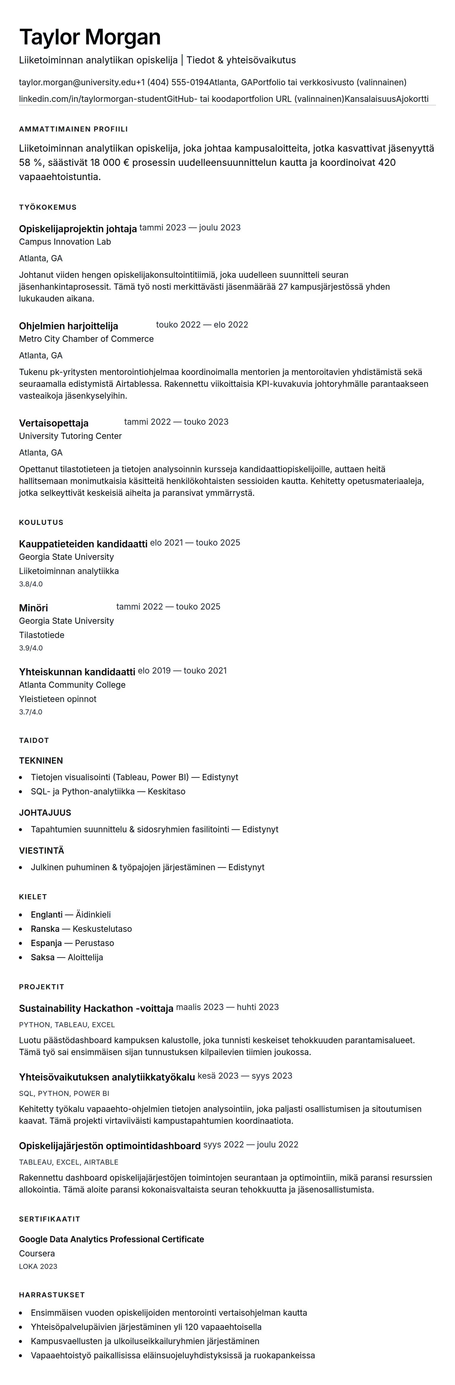 Ansioluetteloesikatselu kohteelle Opiskelijan ansioluettelon esimerkki