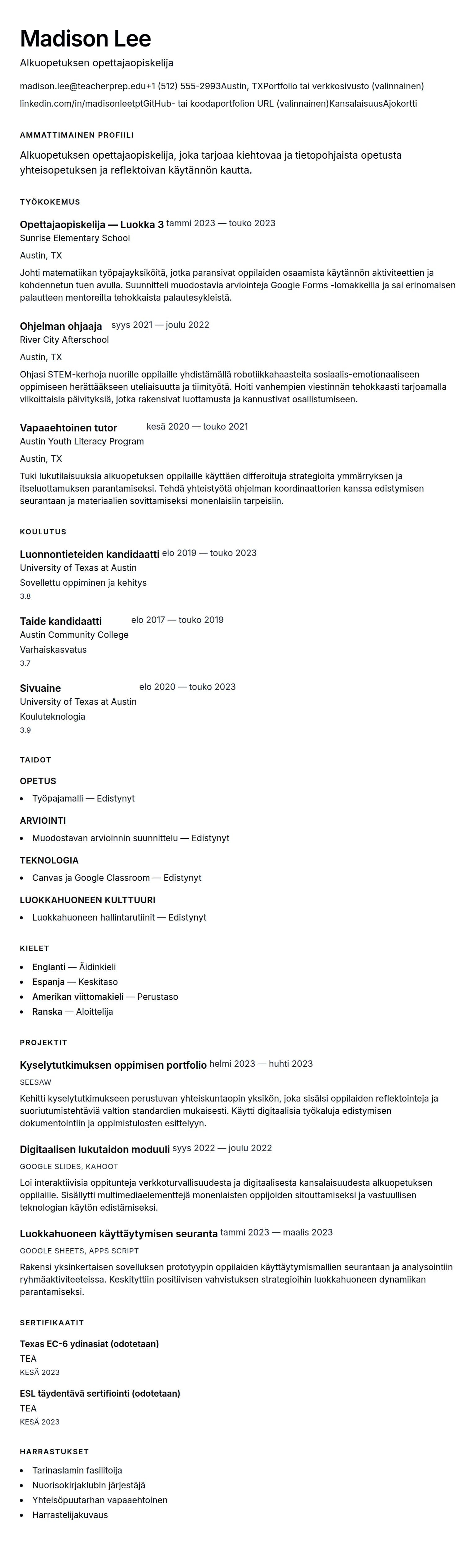 Ansioluetteloesikatselu kohteelle Opettajaopiskelijan ansioluetteloesimerkki
