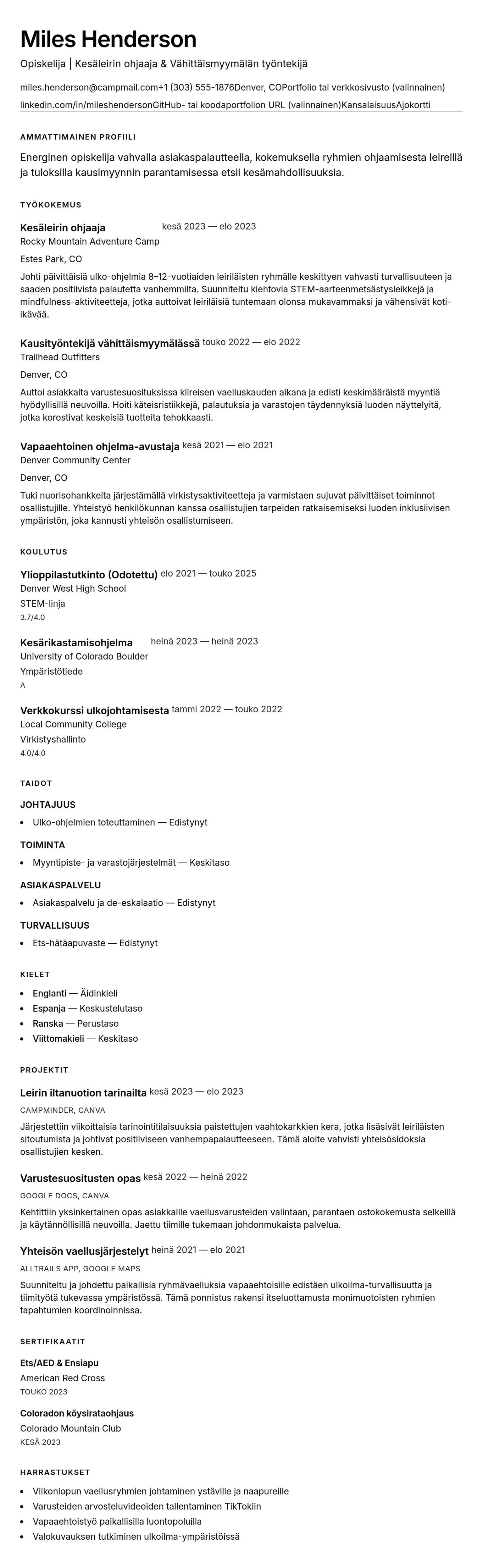 Ansioluetteloesikatselu kohteelle Kesätyön ansioluettelo - Esimerkki