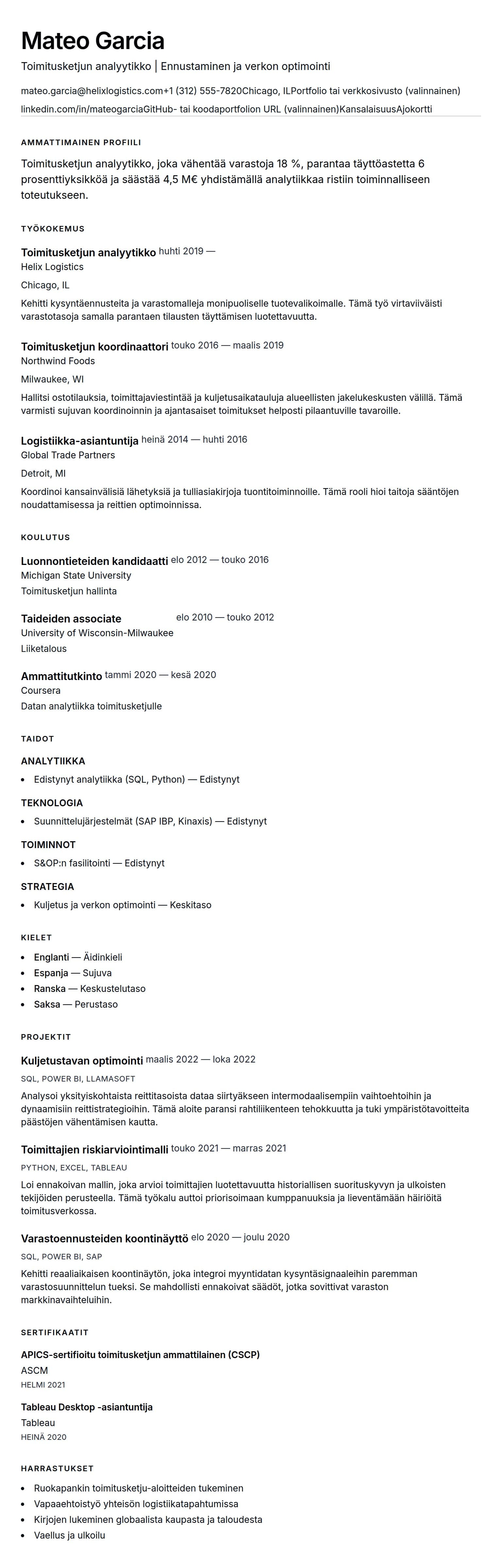 Ansioluetteloesikatselu kohteelle Toimitusketjun analyytikon ansioluetteloesimerkki