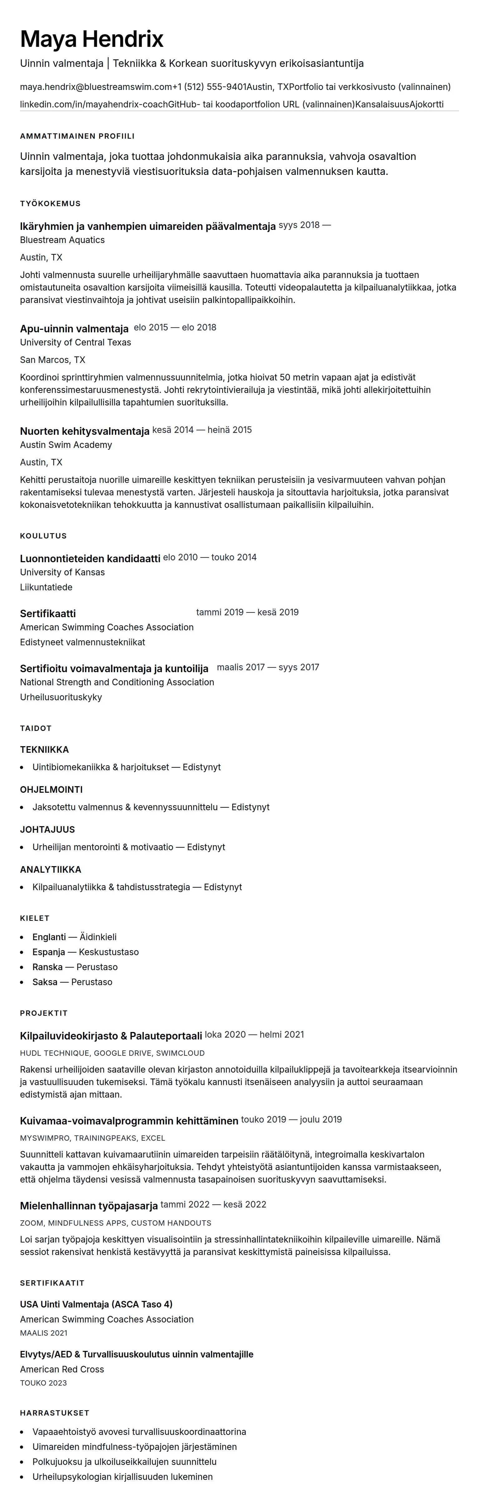 Ansioluetteloesikatselu kohteelle Esimerkki uinnin valmentajan ansioluettelosta