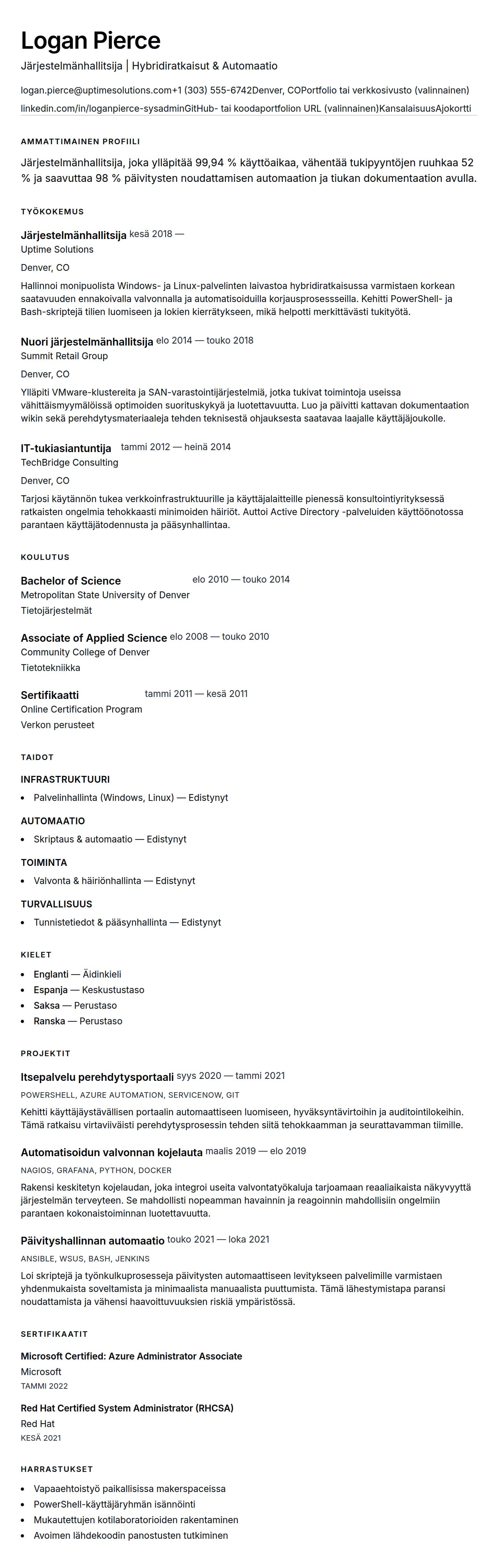Ansioluetteloesikatselu kohteelle Järjestelmänhallitsijan CV-esimerkki