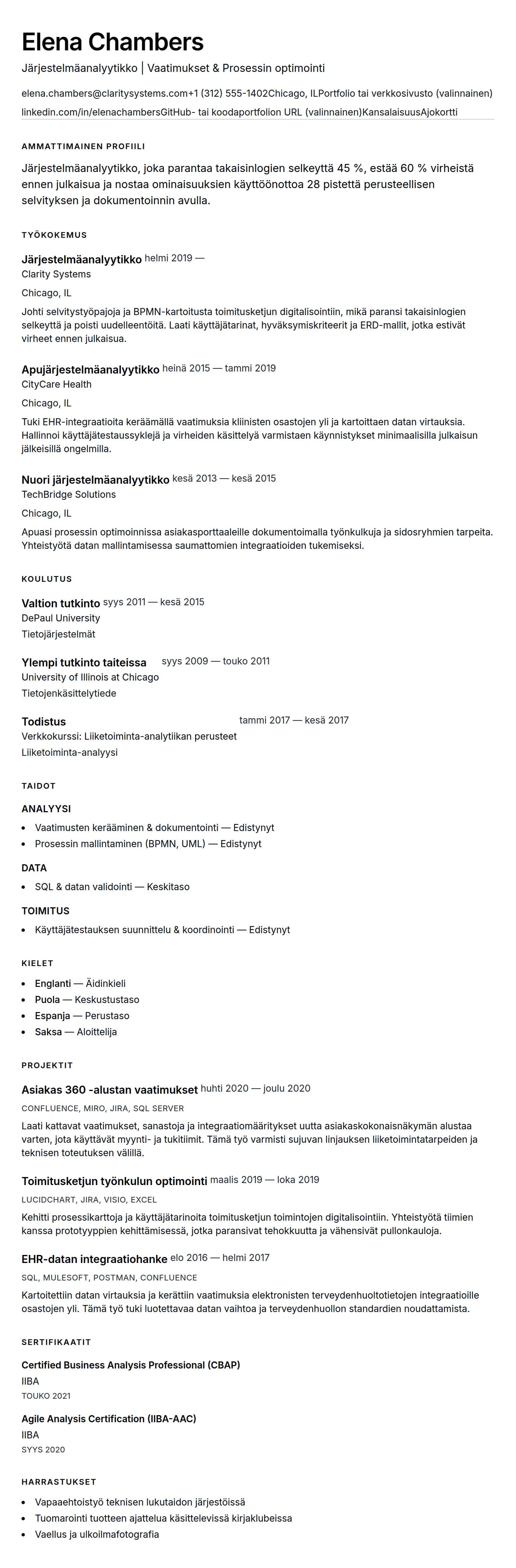 Ansioluetteloesikatselu kohteelle Järjestelmäanalyytikolle tarkoitettu ansioluetteloesimerkki