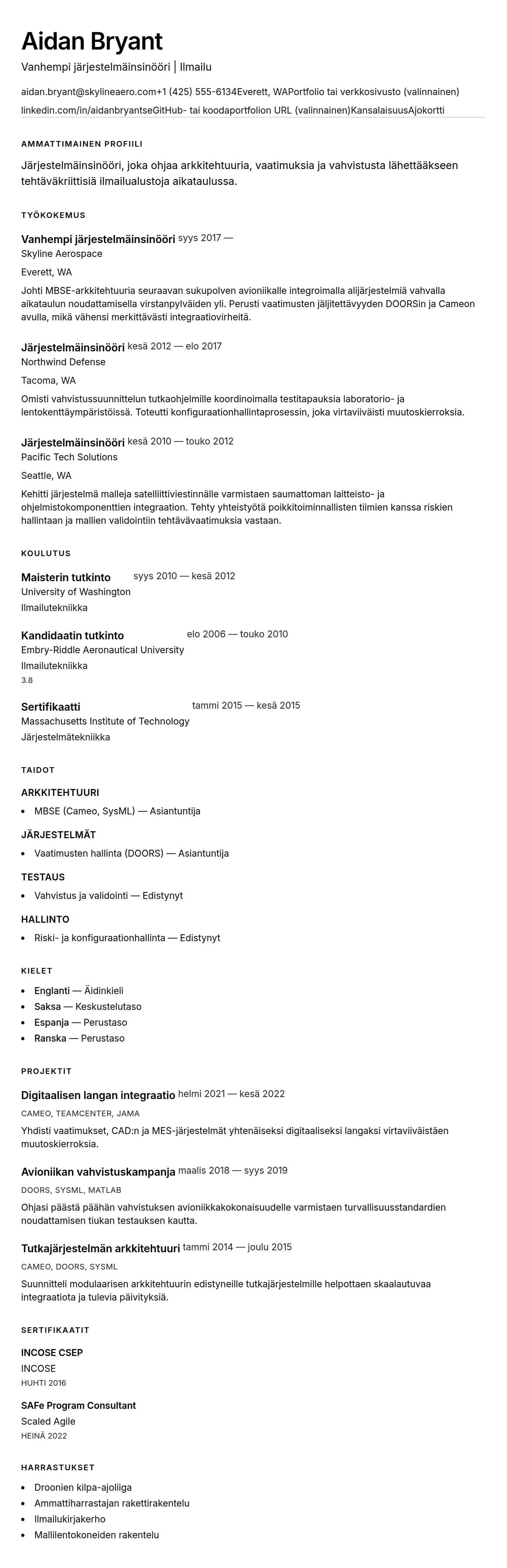 Ansioluetteloesikatselu kohteelle Järjestelmäinsinöörin ansioluetteloesimerkki