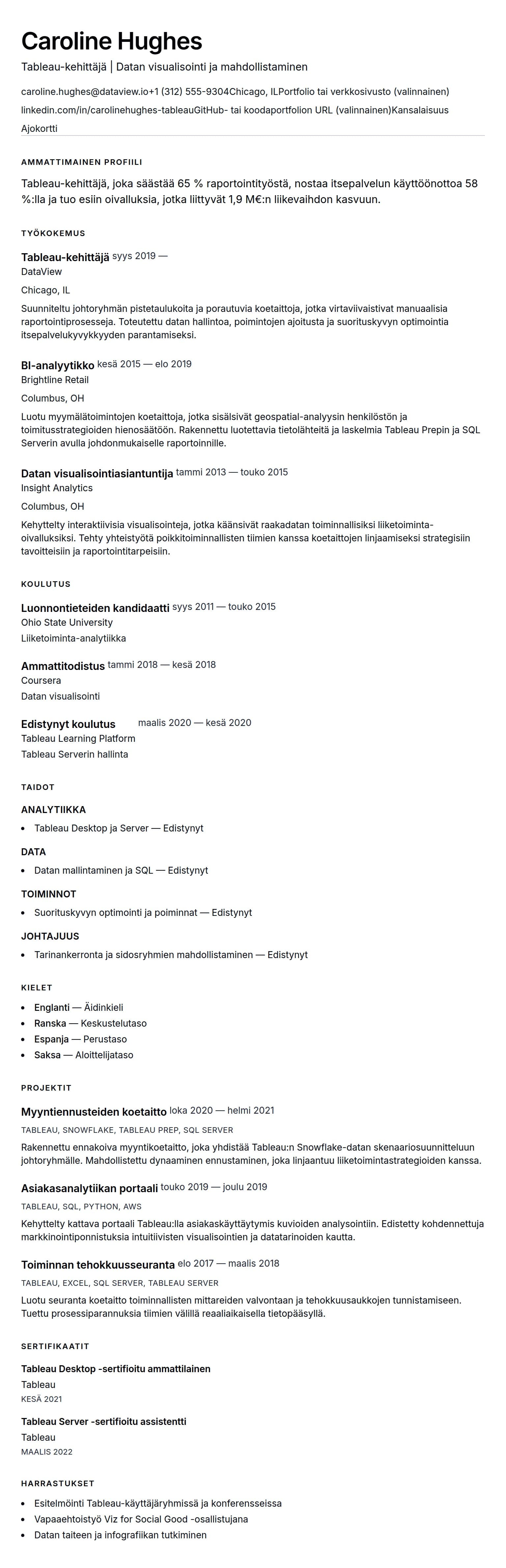 Ansioluetteloesikatselu kohteelle Tableau-kehittäjän ansioluetteloesimerkki