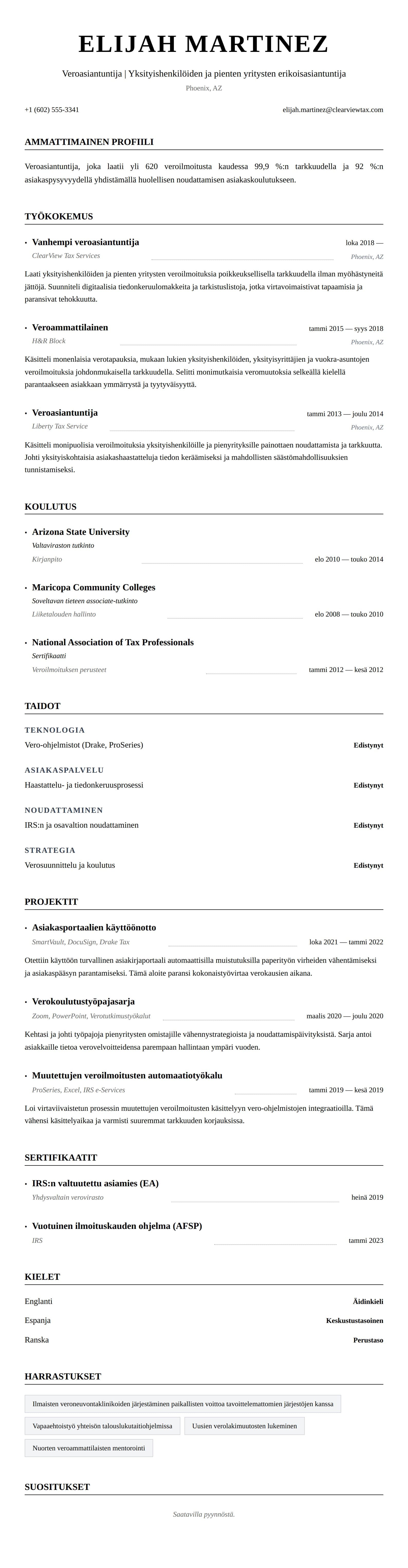 Ansioluetteloesikatselu kohteelle Veroasiantuntijan CV-esimerkki