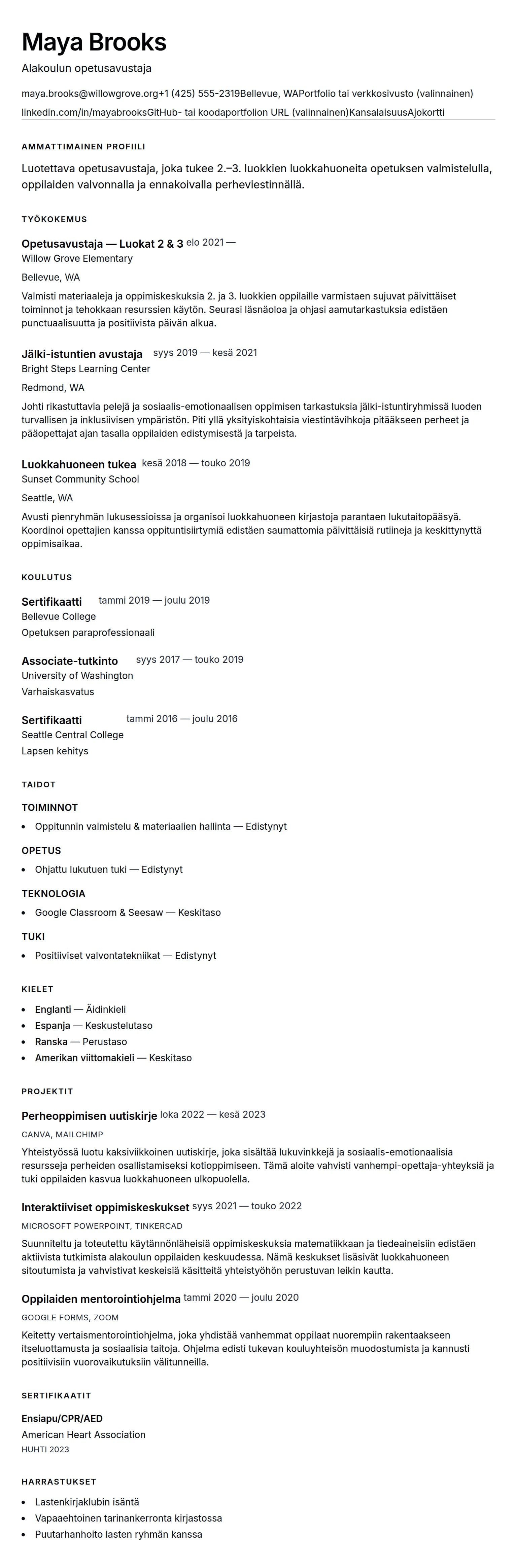 Ansioluetteloesikatselu kohteelle Opetusavustajan CV-esimerkki