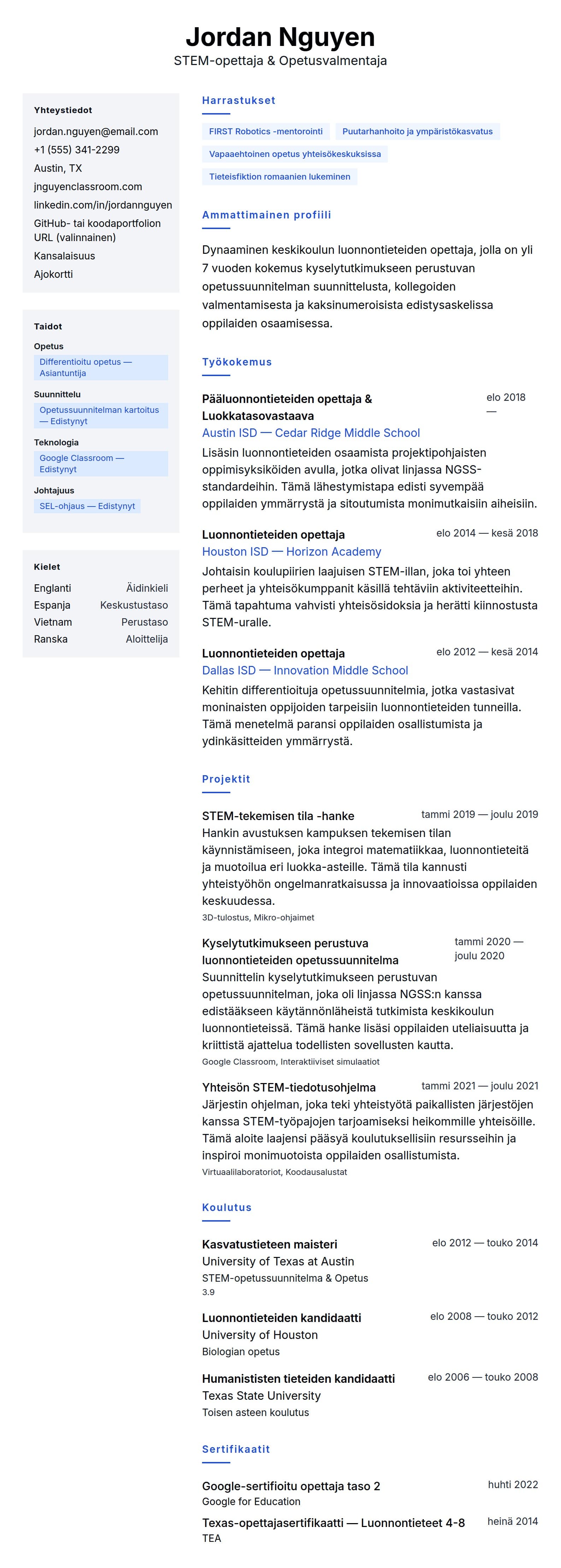 Ansioluetteloesikatselu kohteelle Opettajan ansioluettelo-esimerkki