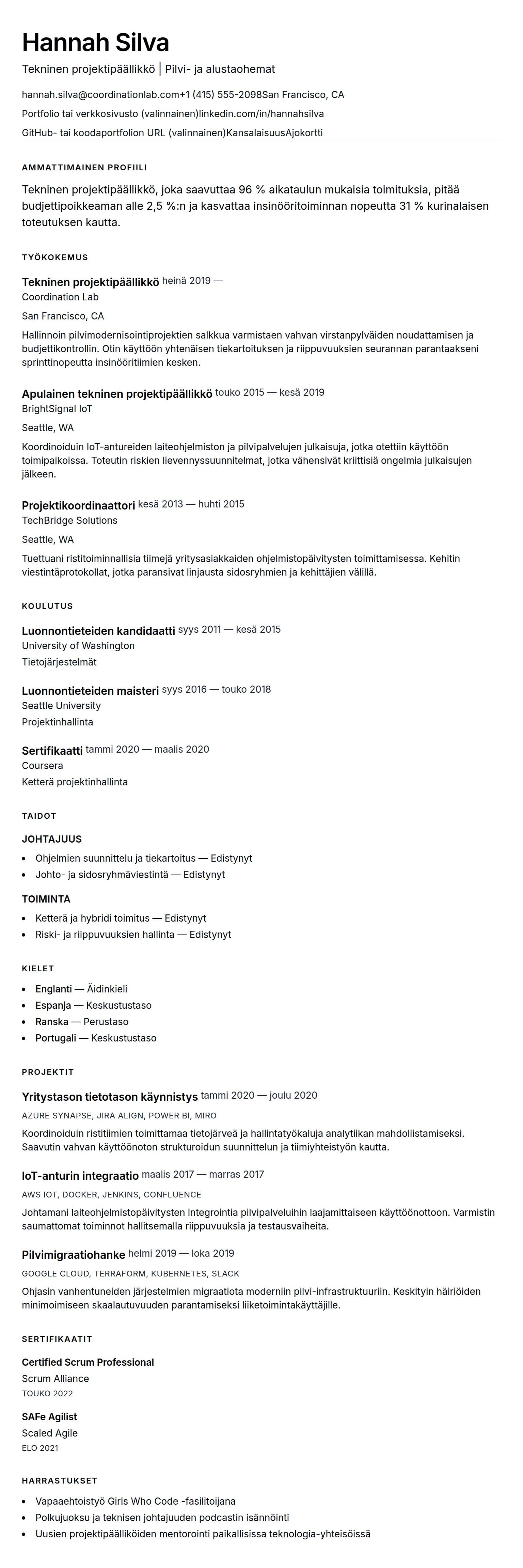 Ansioluetteloesikatselu kohteelle Tekninen projektipäällikkö CV-esimerkki