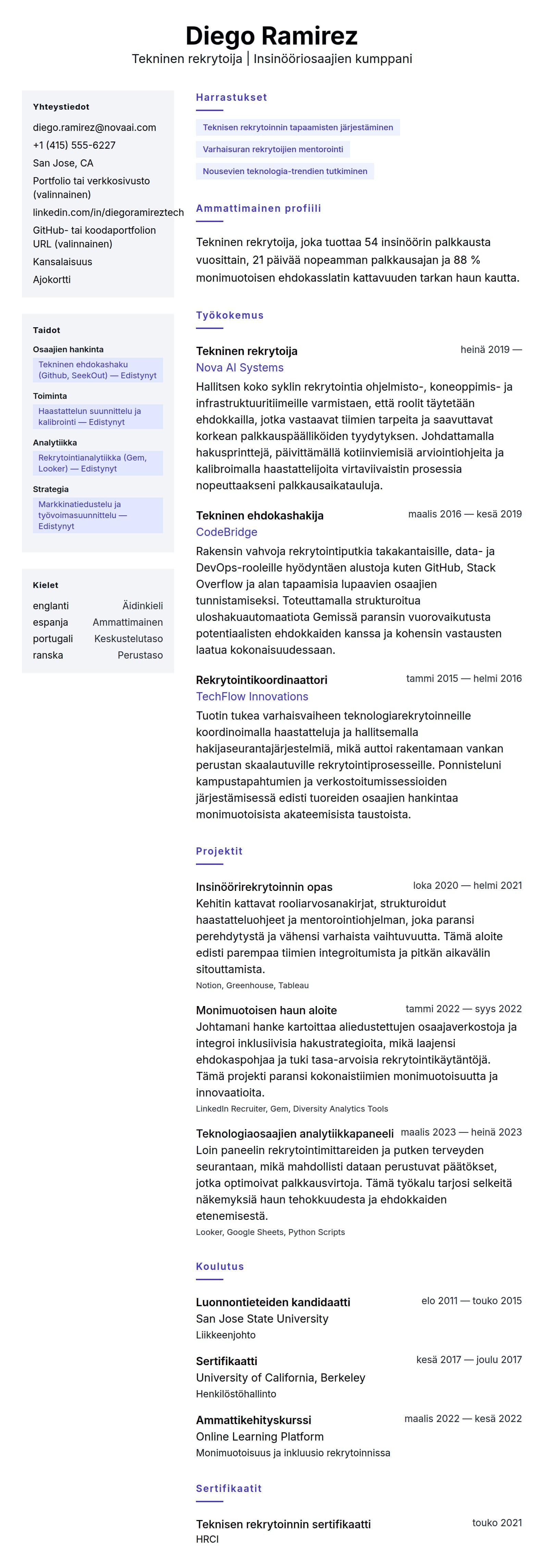 Ansioluetteloesikatselu kohteelle Tekninen rekrytoija CV-esimerkki