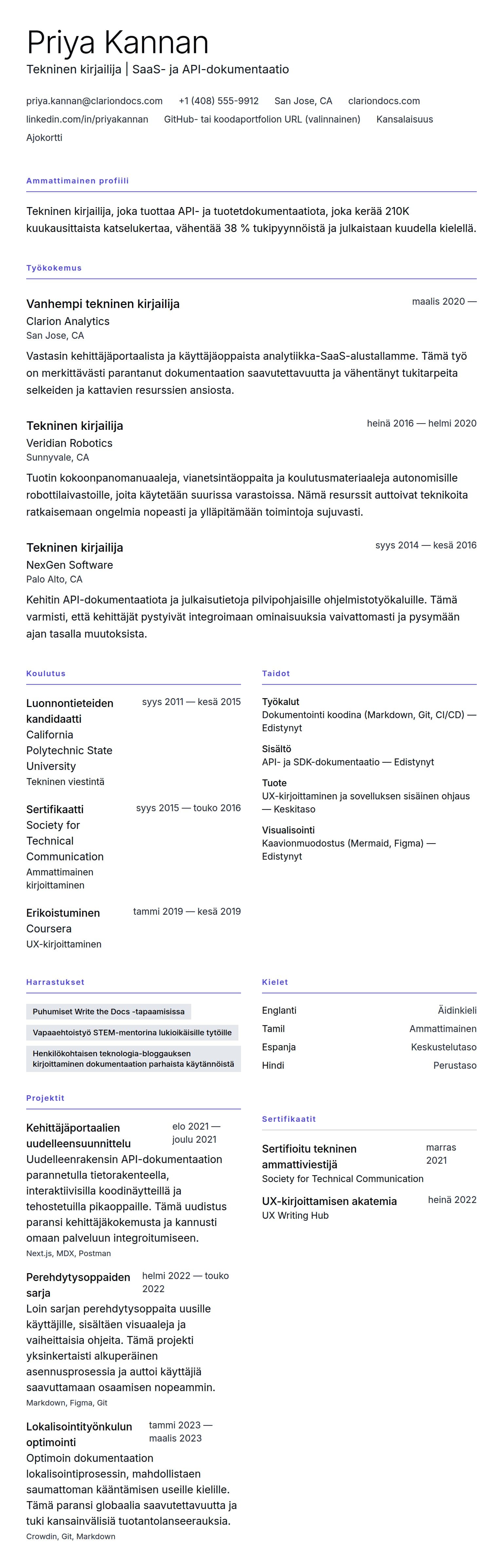 Ansioluetteloesikatselu kohteelle Teknisen kirjailijan CV-esimerkki