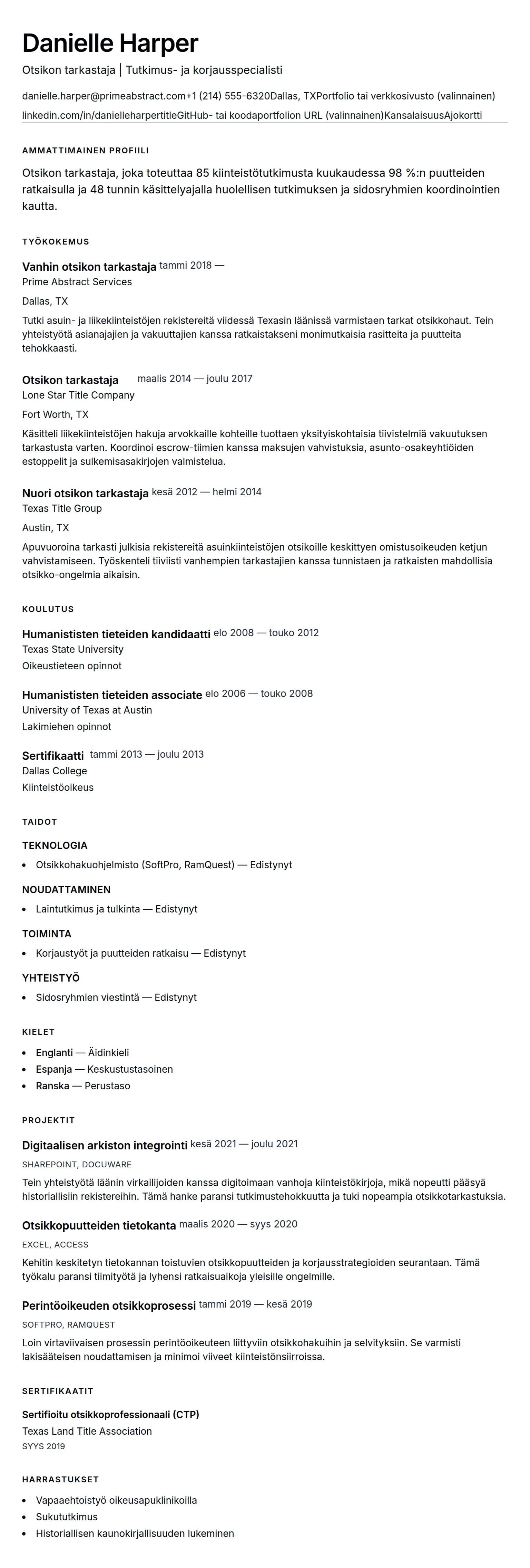 Ansioluetteloesikatselu kohteelle Otsikon tarkastajan ansioluetteloesimerkki
